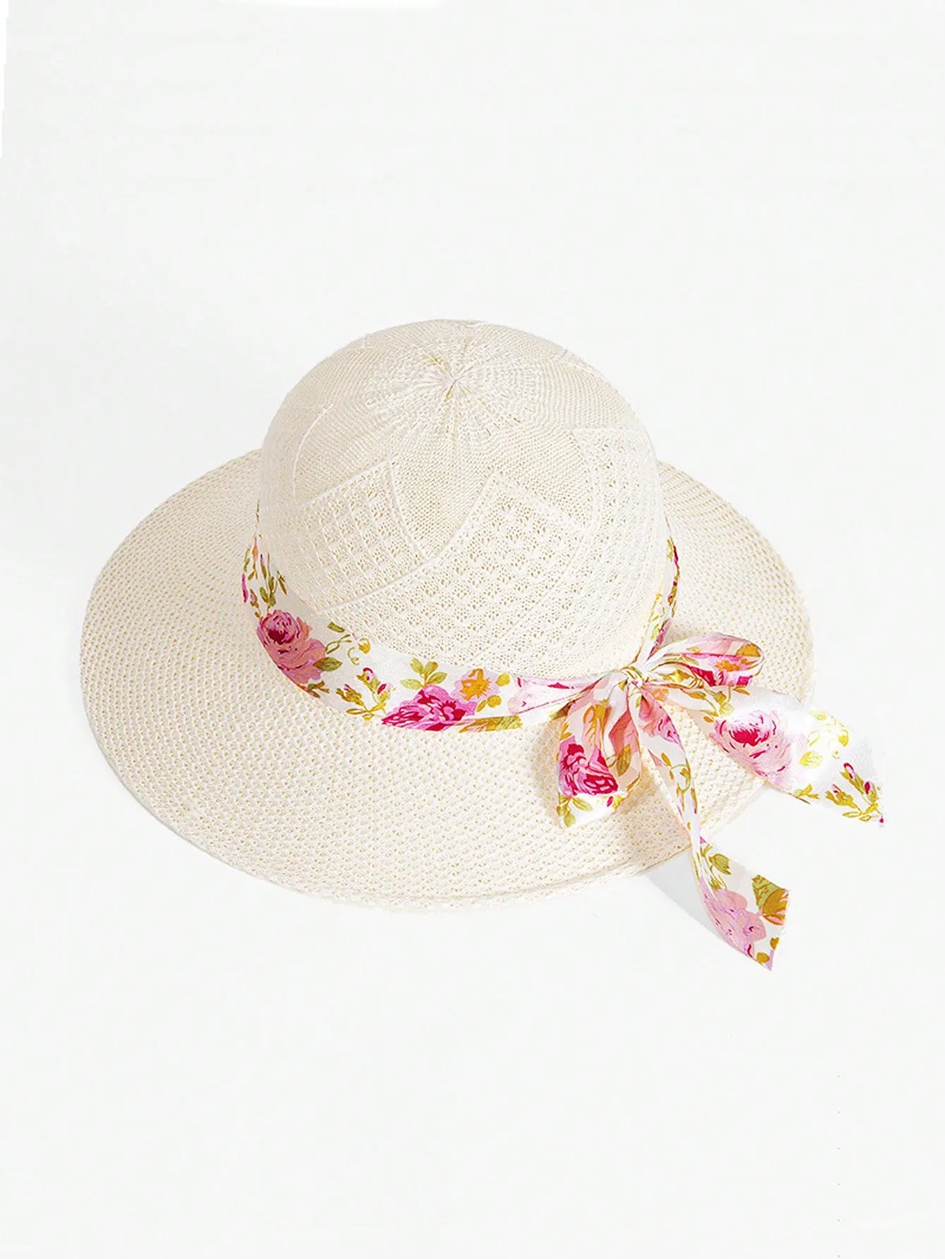 1pc Ladies' Sun Hat With Small Brim, Floral Ribbon, Breathable Summer Straw Hat For Outdoor Travelling