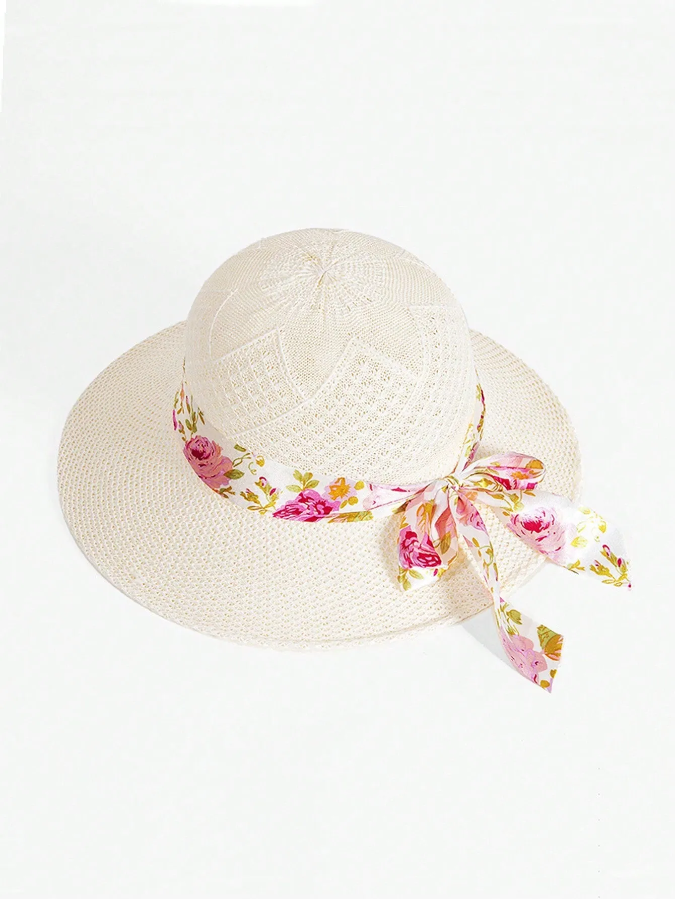 1pc Ladies' Sun Hat With Small Brim, Floral Ribbon, Breathable Summer Straw Hat For Outdoor Travelling