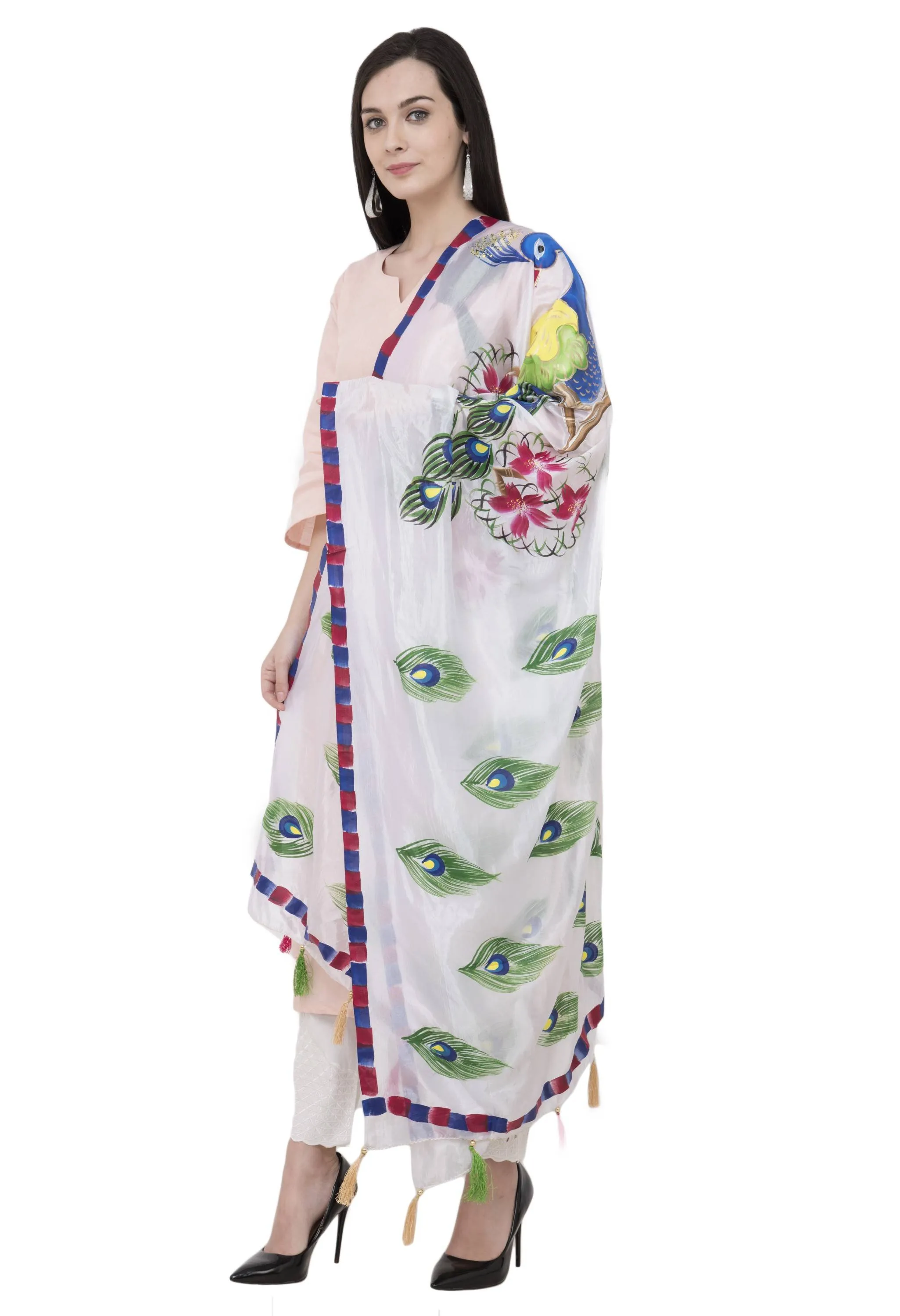 A R Silk Silk Peacock Multi Fancy Dupatta Color White Dupatta or Chunni