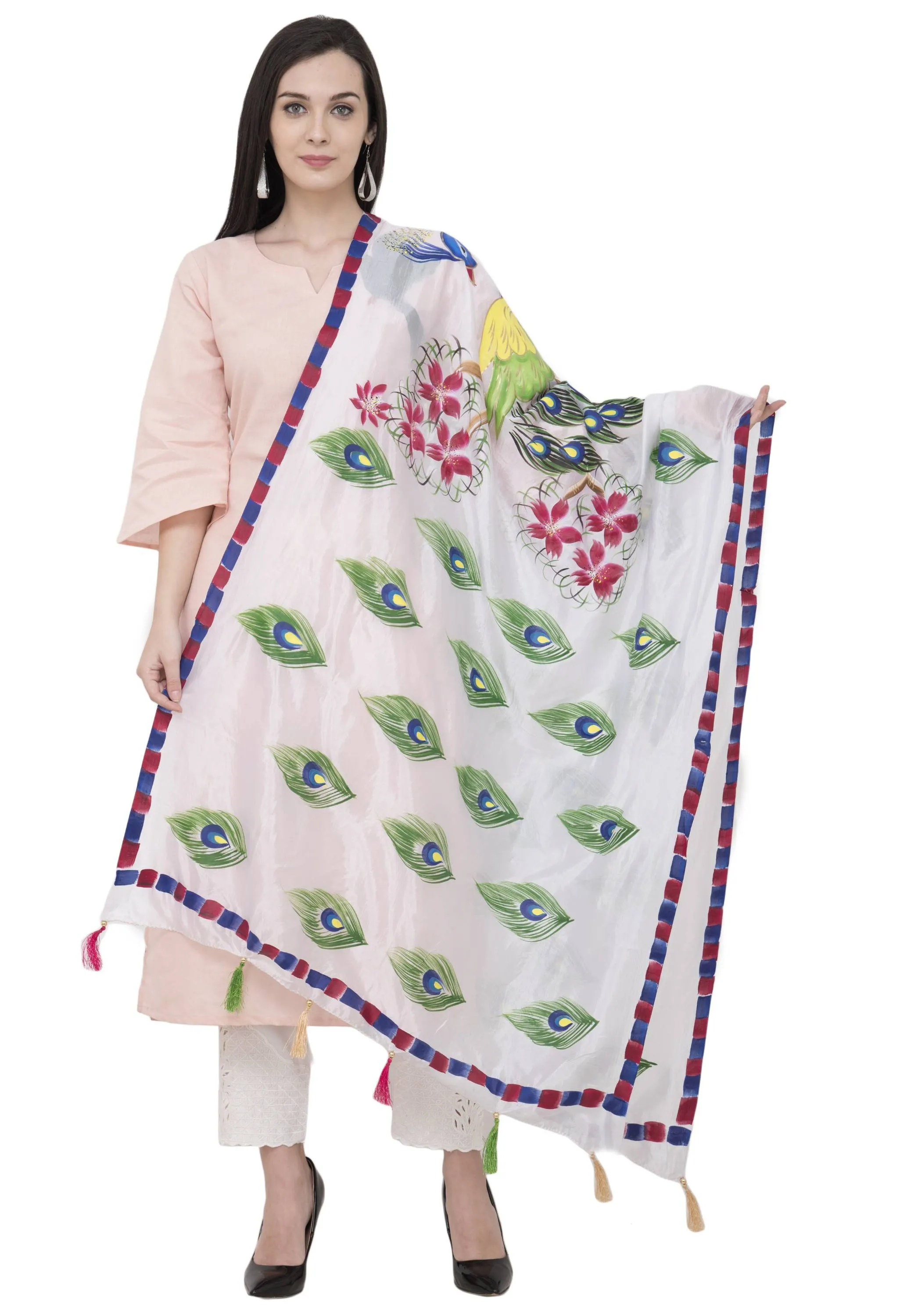 A R Silk Silk Peacock Multi Fancy Dupatta Color White Dupatta or Chunni