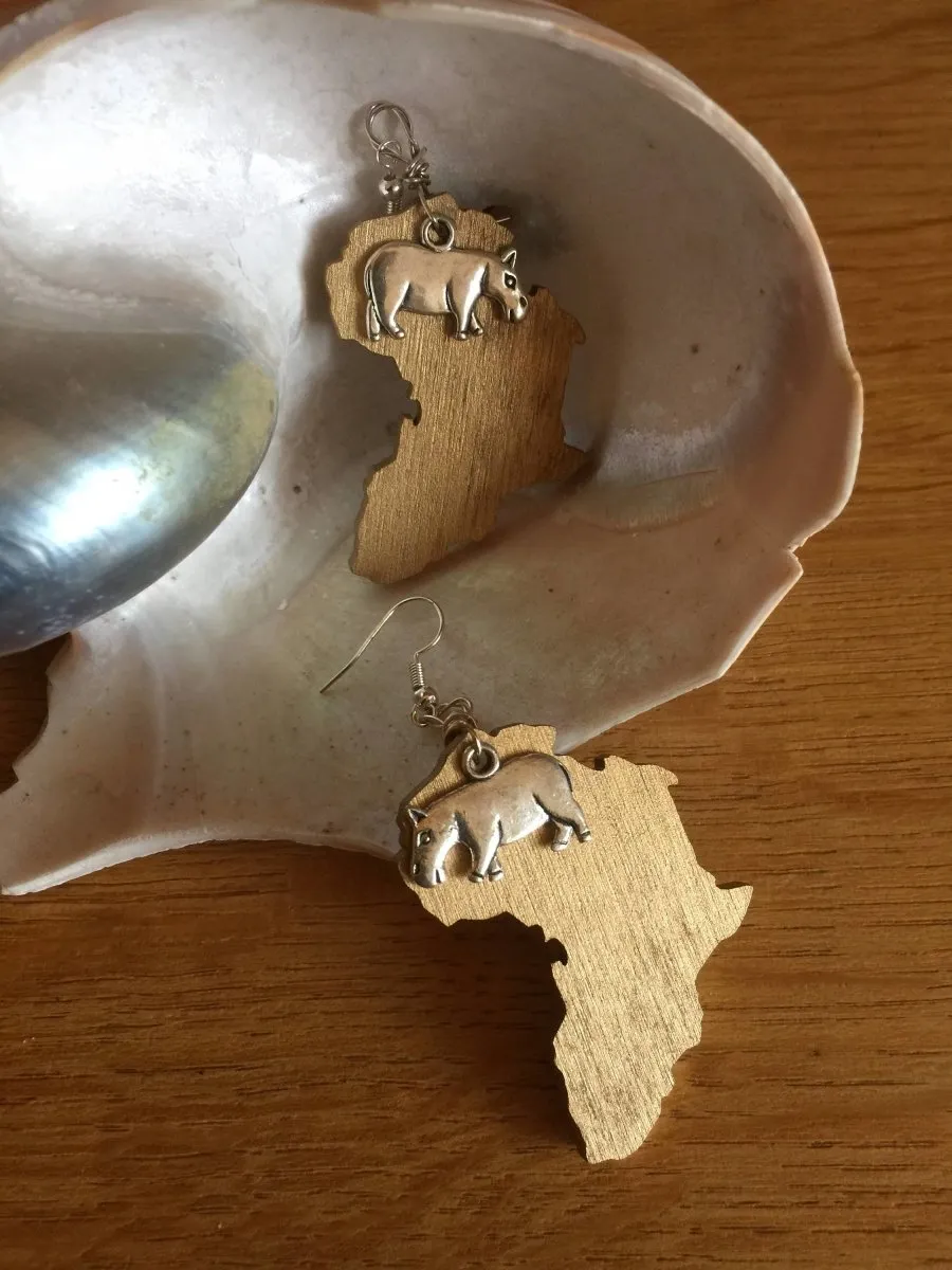 Africa Earrings with Hippo Charm made with Recycled Wood