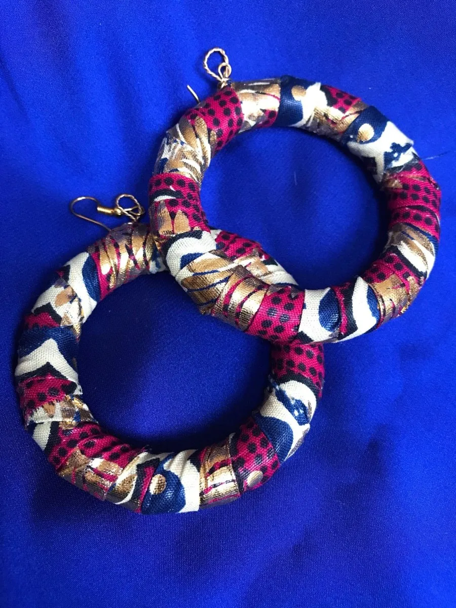 African Hoops in Gold Red Ankara Print - Up cycled Zero Waste Earrings