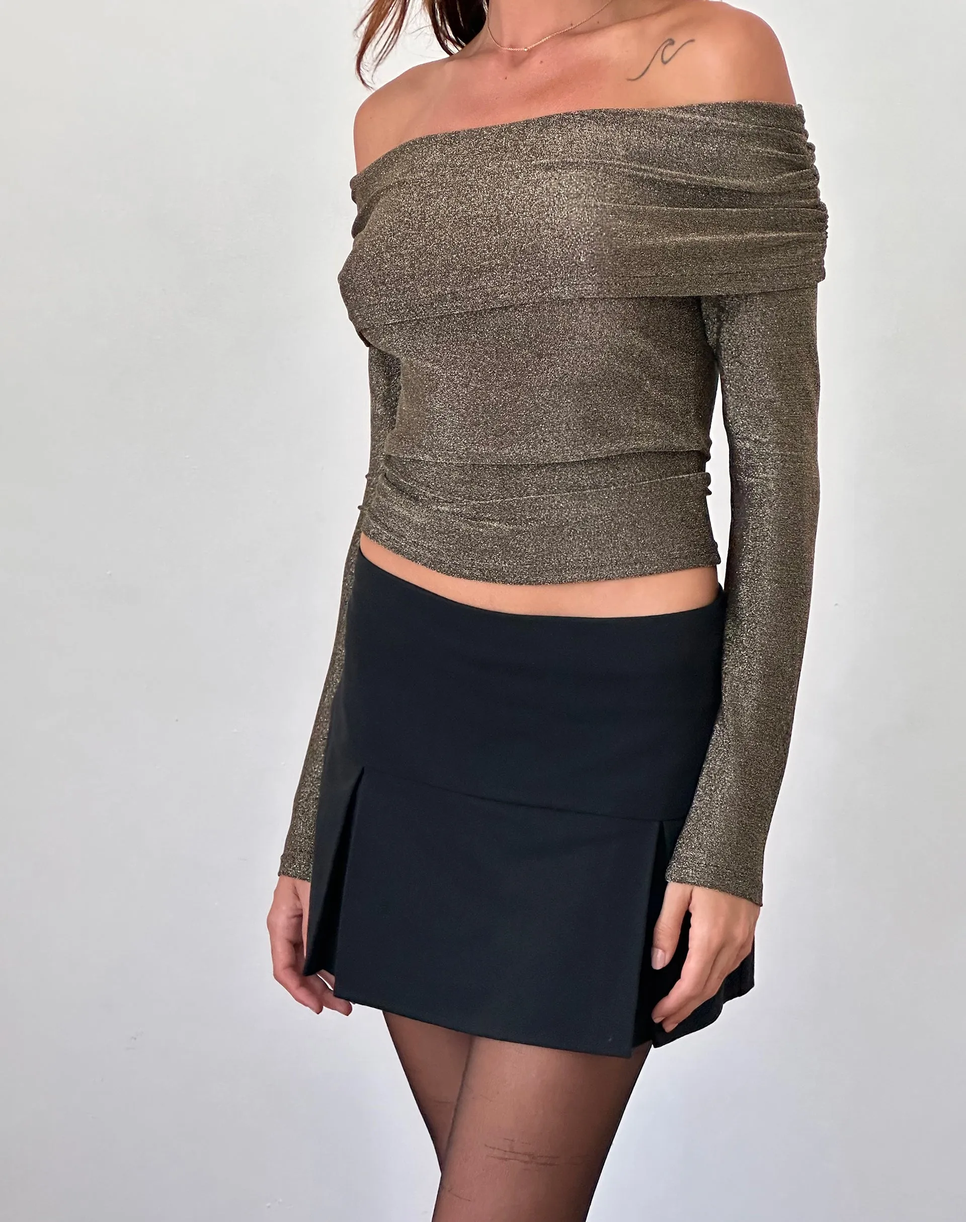 Andi Long Sleeve Bardot Top in Gold Lurex