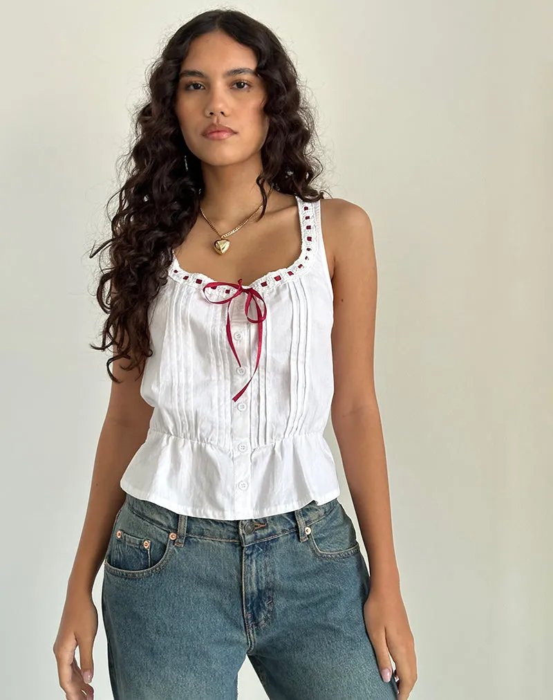 Arhan Top in White Poplin with Red Trim