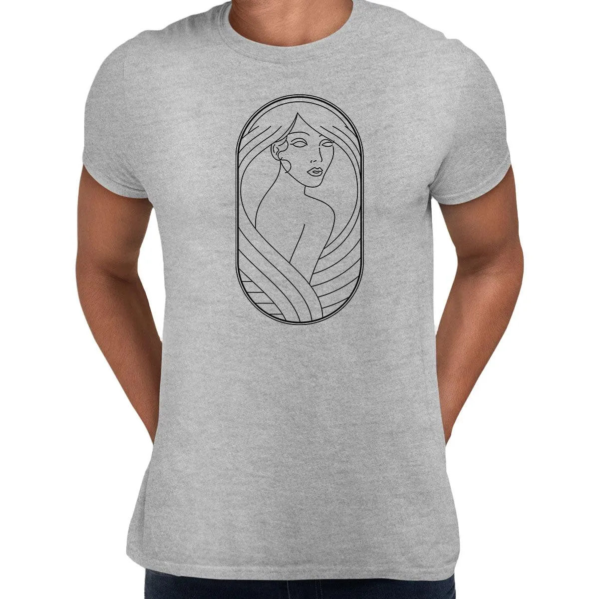 Art Deco Elegant Portraits Unisex T-shirt Golden Nostalgia Soft Line Design 9