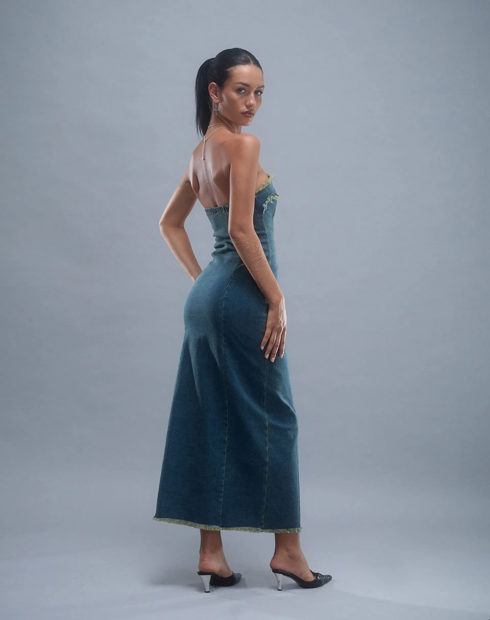 Atun Denim Bandeau Maxi Dress in Brown Blue Acid Wash