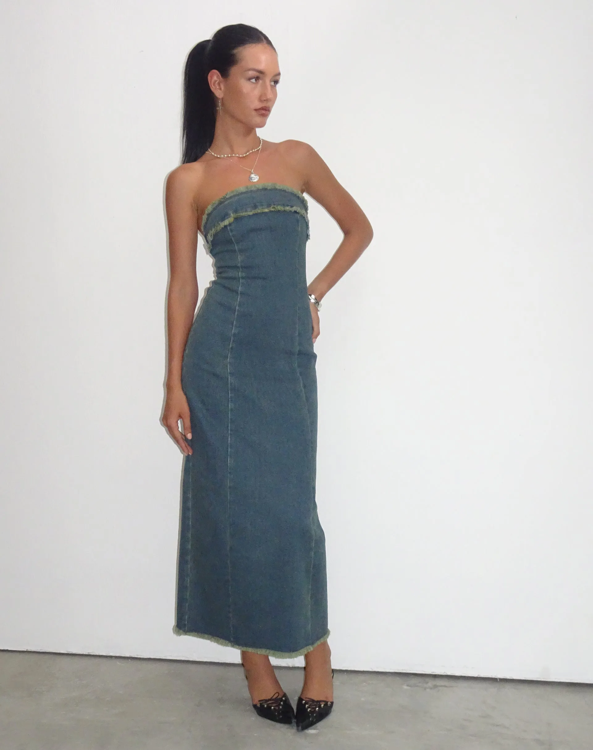 Atun Denim Bandeau Maxi Dress in Brown Blue Acid Wash