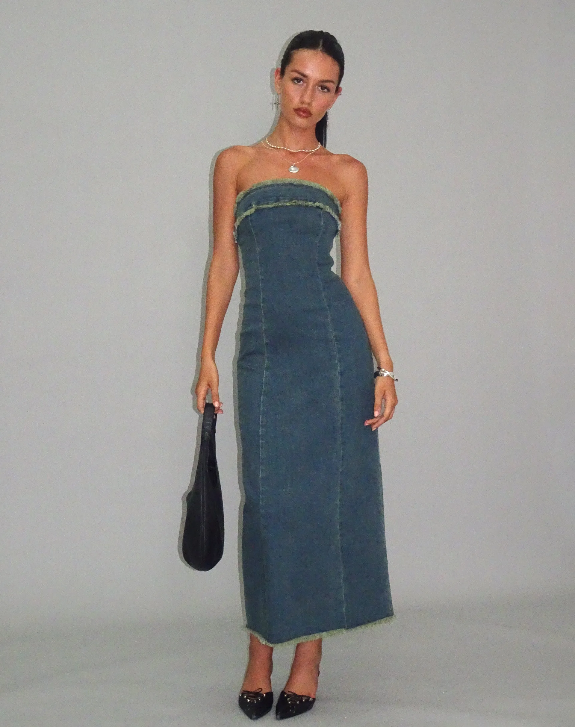 Atun Denim Bandeau Maxi Dress in Brown Blue Acid Wash