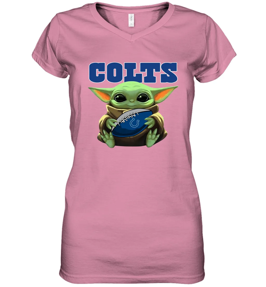 Baby Yoda Loves The Indianapolis Colts Star Wars Baby Yoda Hugs Colts NFL Womens V-Neck T-Shirt