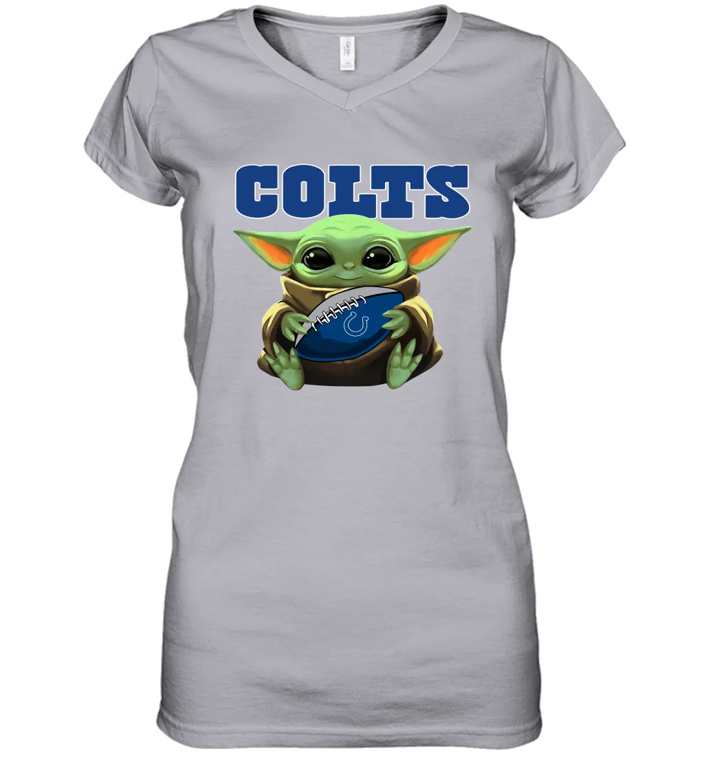 Baby Yoda Loves The Indianapolis Colts Star Wars Baby Yoda Hugs Colts NFL Womens V-Neck T-Shirt