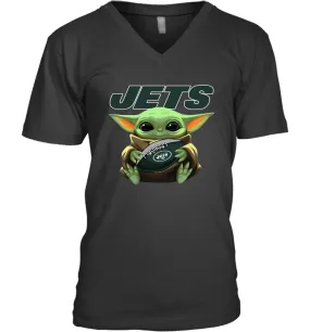 Baby Yoda Loves The New York Jets Star Wars Baby Yoda Hugs Jets NFL Mens V-Neck T-Shirt