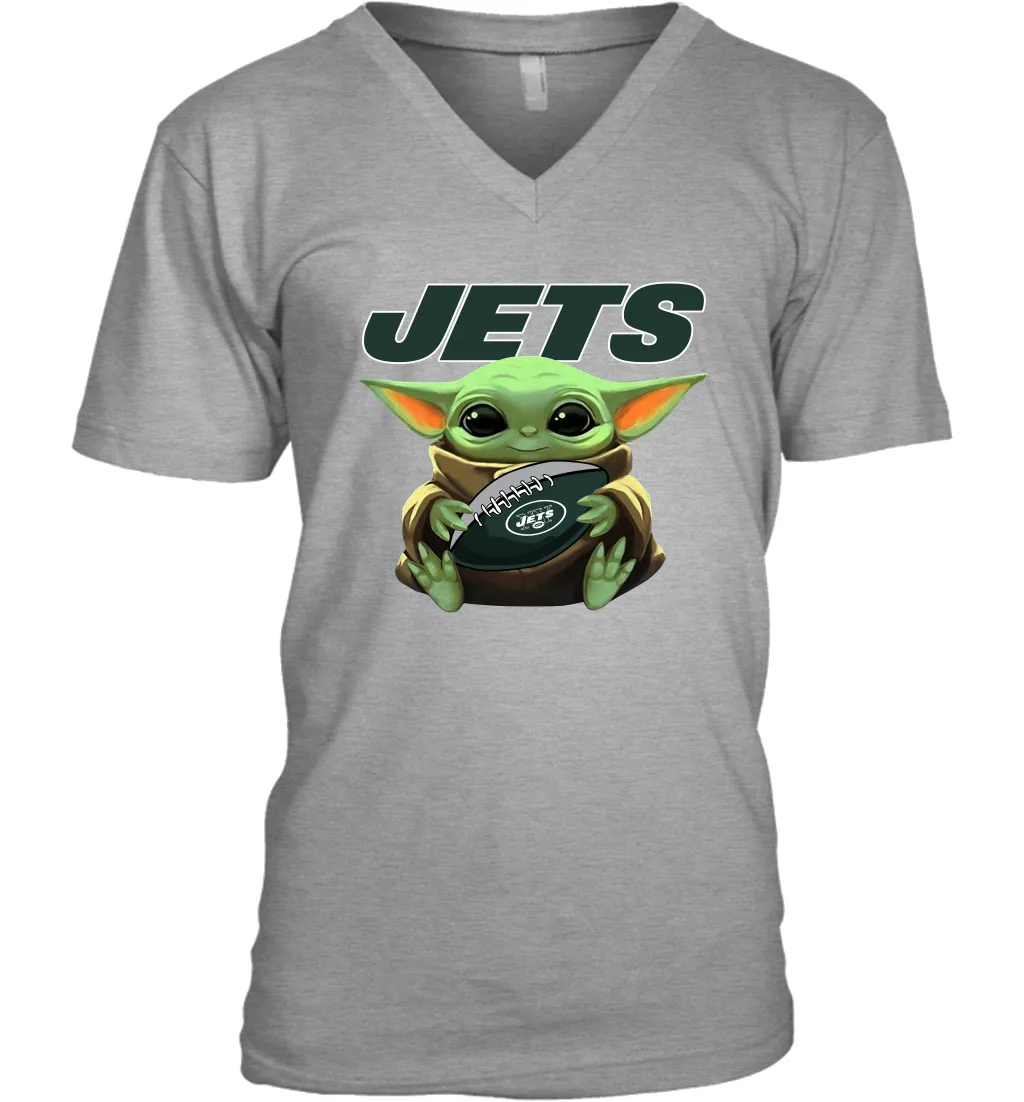 Baby Yoda Loves The New York Jets Star Wars Baby Yoda Hugs Jets NFL Mens V-Neck T-Shirt