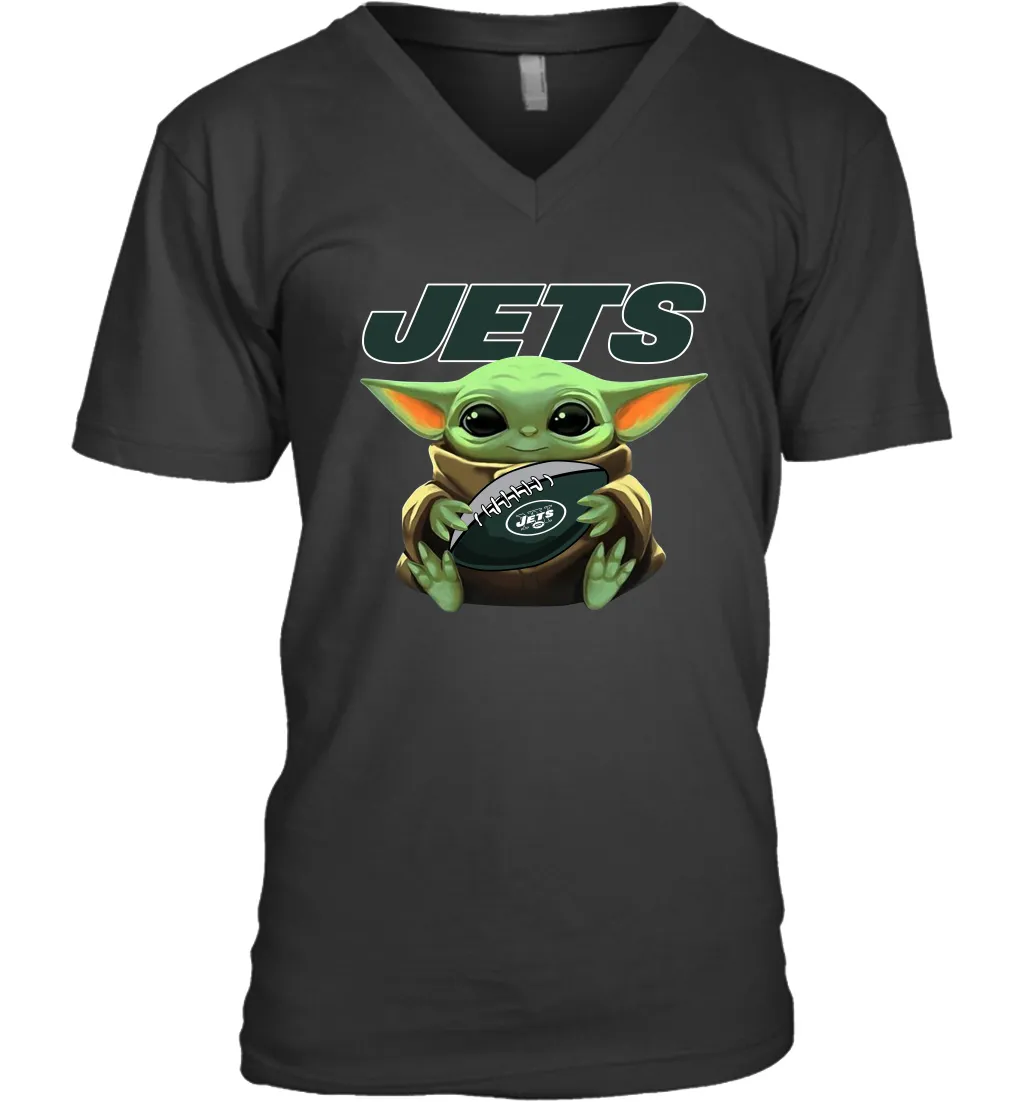 Baby Yoda Loves The New York Jets Star Wars Baby Yoda Hugs Jets NFL Mens V-Neck T-Shirt