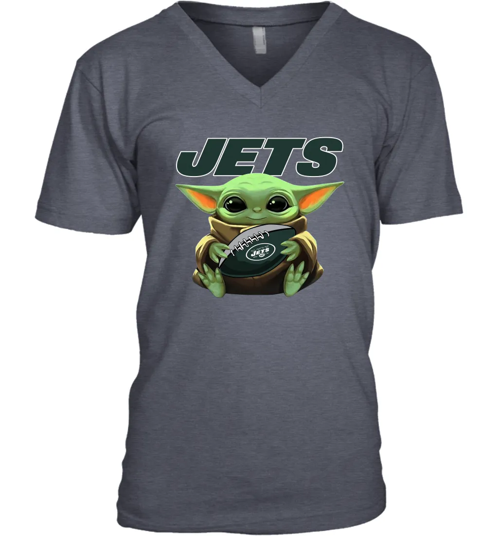 Baby Yoda Loves The New York Jets Star Wars Baby Yoda Hugs Jets NFL Mens V-Neck T-Shirt