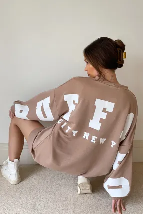 Beige Buffalo Slogan Oversized Sweatshirt Jumper Dress