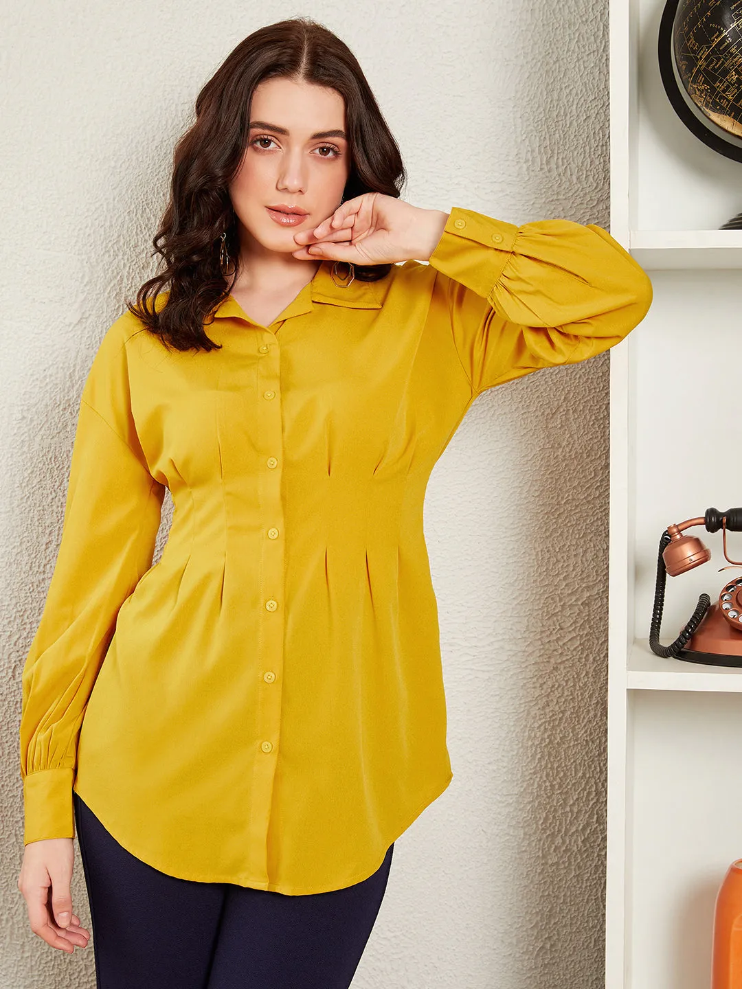 Berrylush BIZwear Women Solid Yellow Spread Collar Neck Drop Shoulder Sleeves Plicated Waist Longline Shirt