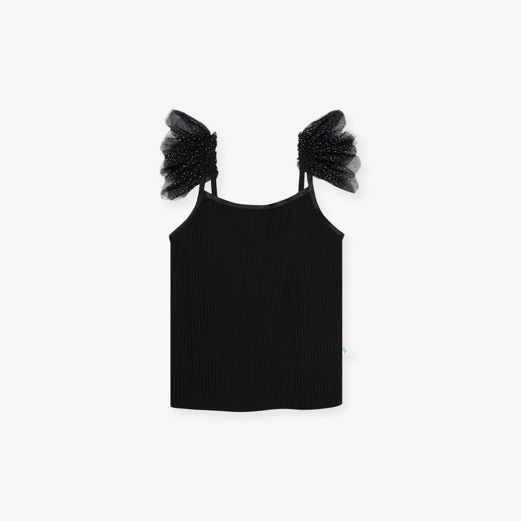 Black Ribbed Ruffled Tulle Cami