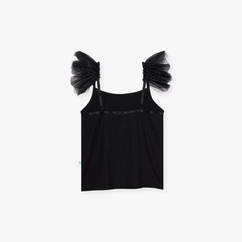 Black Ribbed Ruffled Tulle Cami