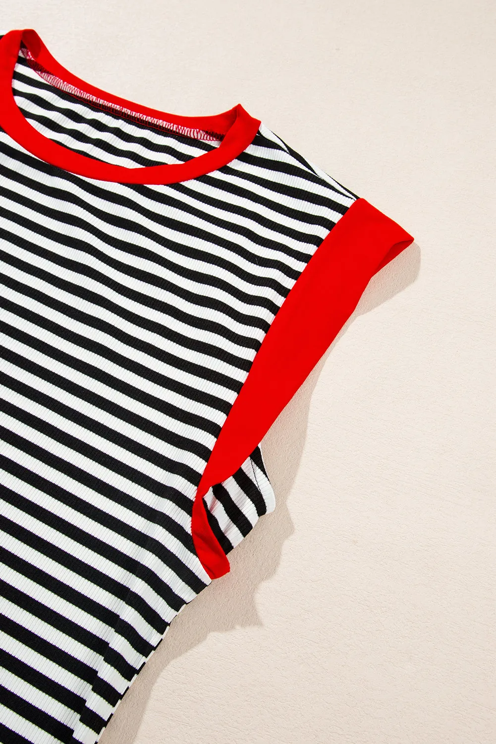 Black Stripe Colorblock Edge Round Neck Top