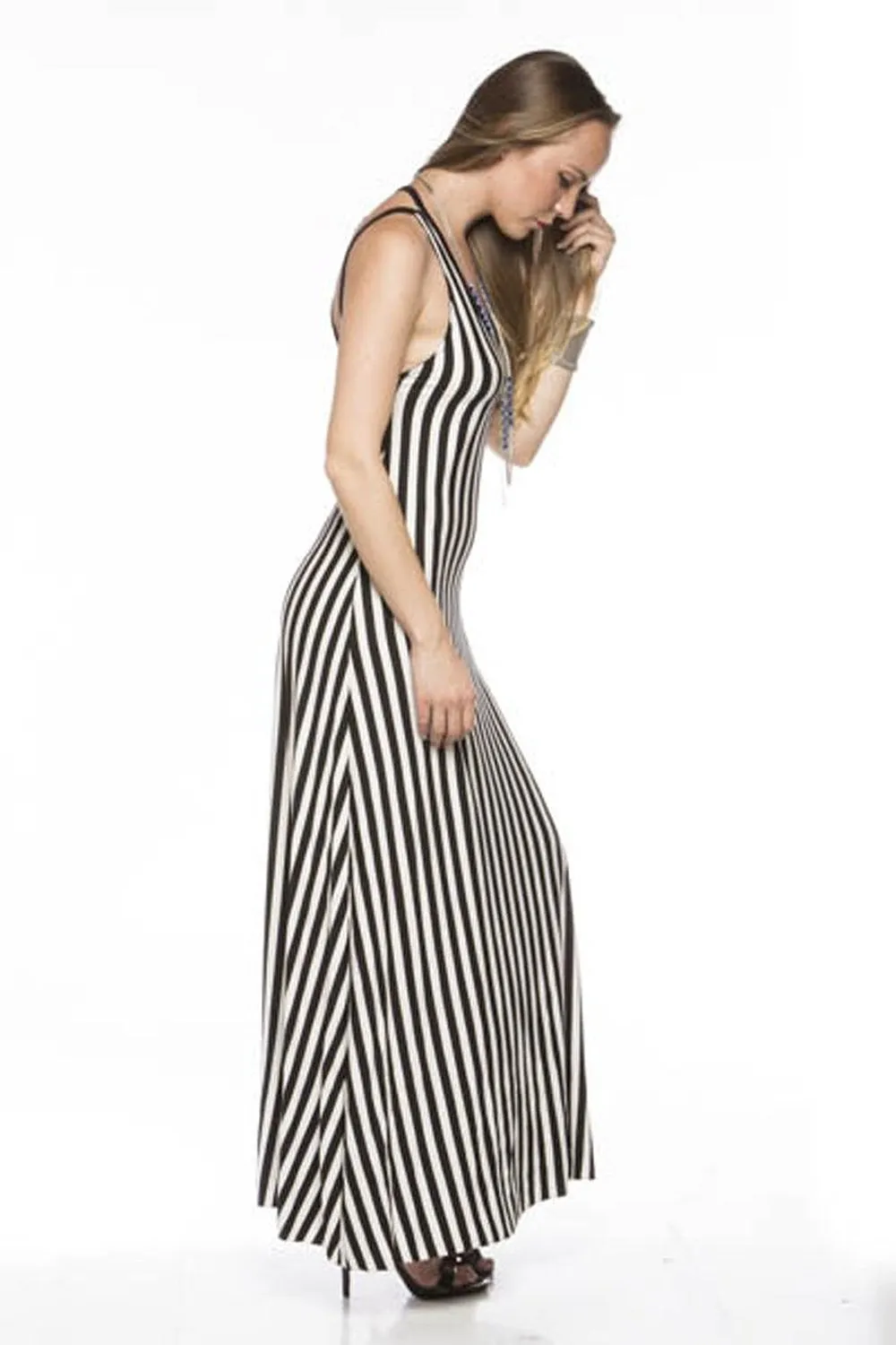 Black White Striped Design Open Back Long Maxi Dress U.S.A