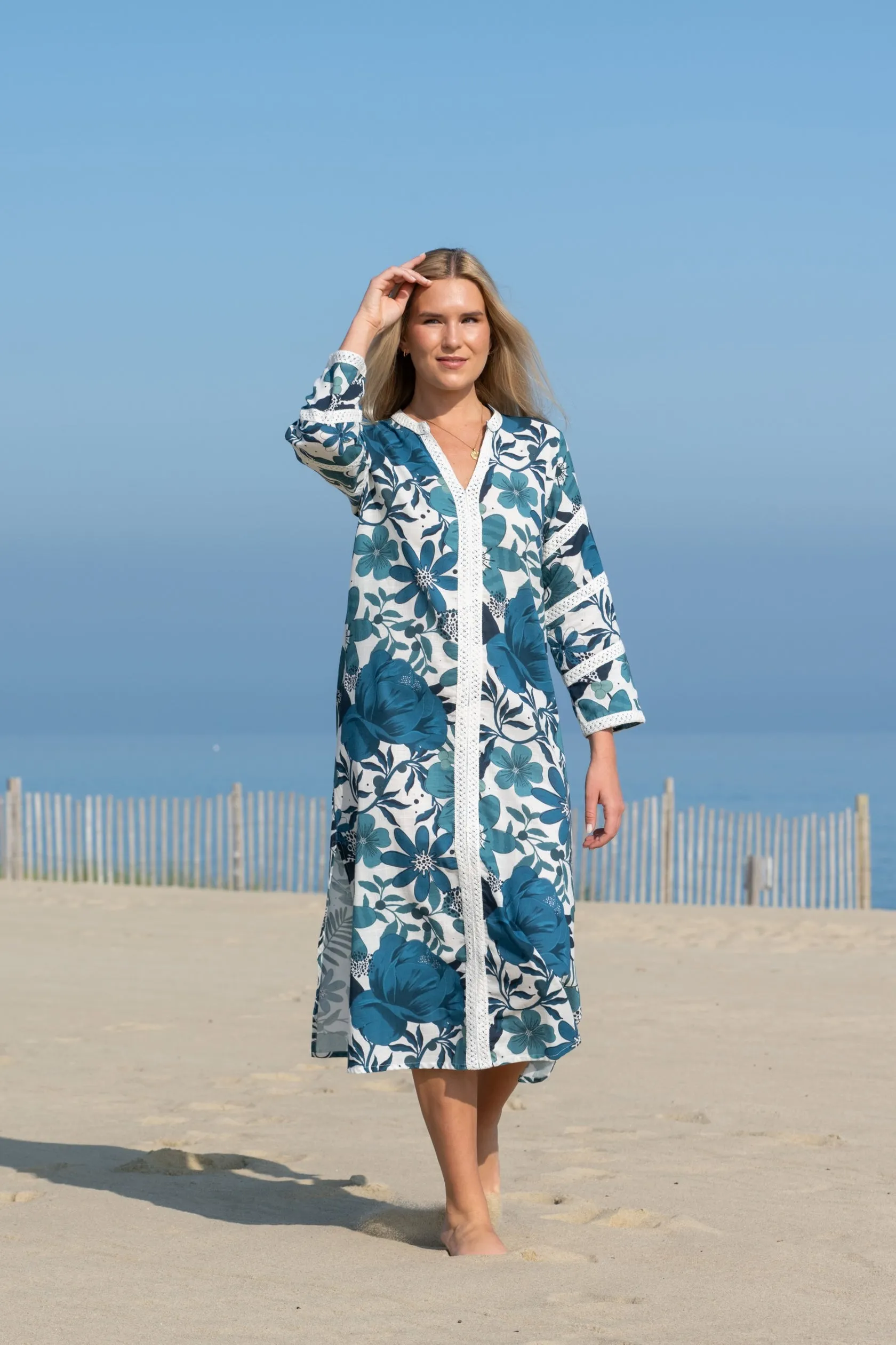 Blue & White Joy Bardot Caftan Dress