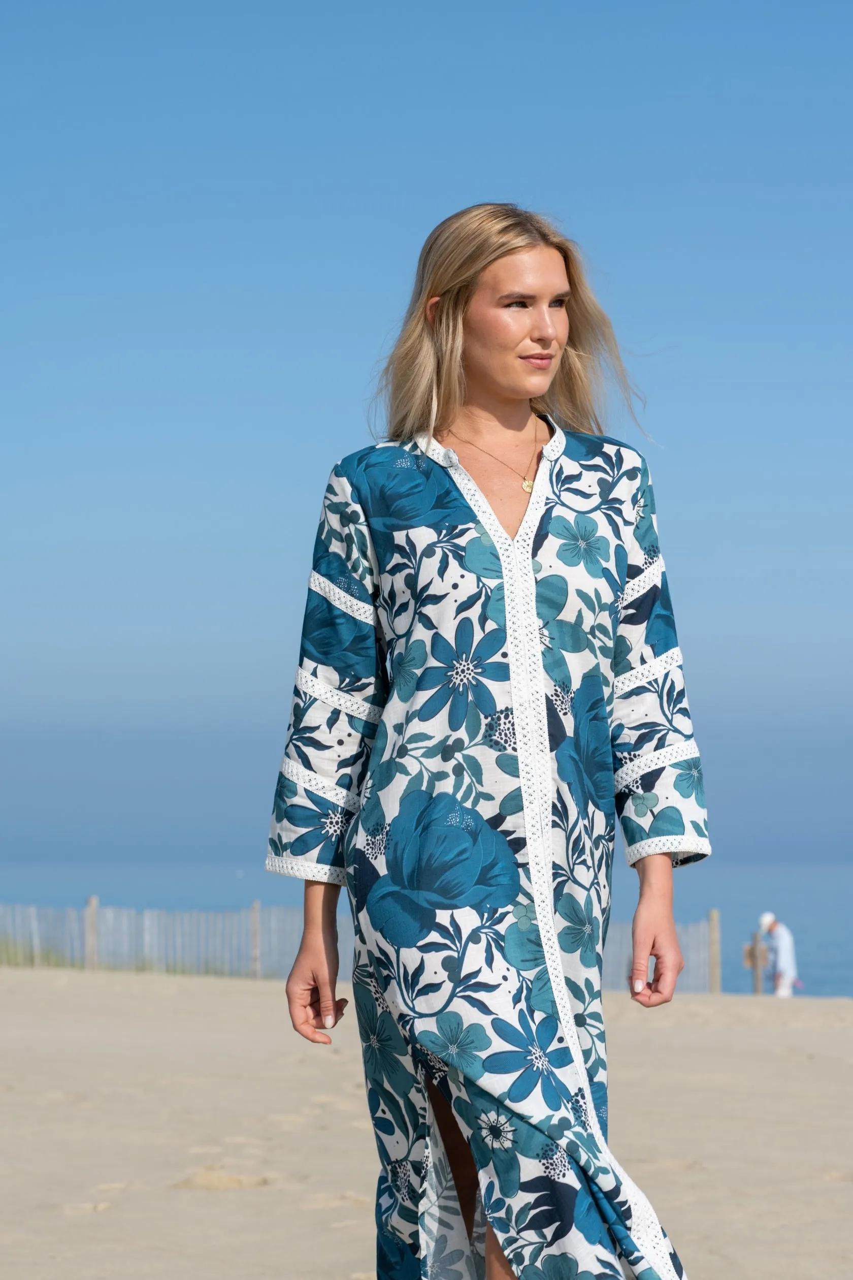 Blue & White Joy Bardot Caftan Dress