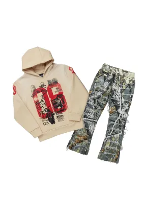 Enzo Boys Beige Hoodie and Stacked Flare Jeans Set