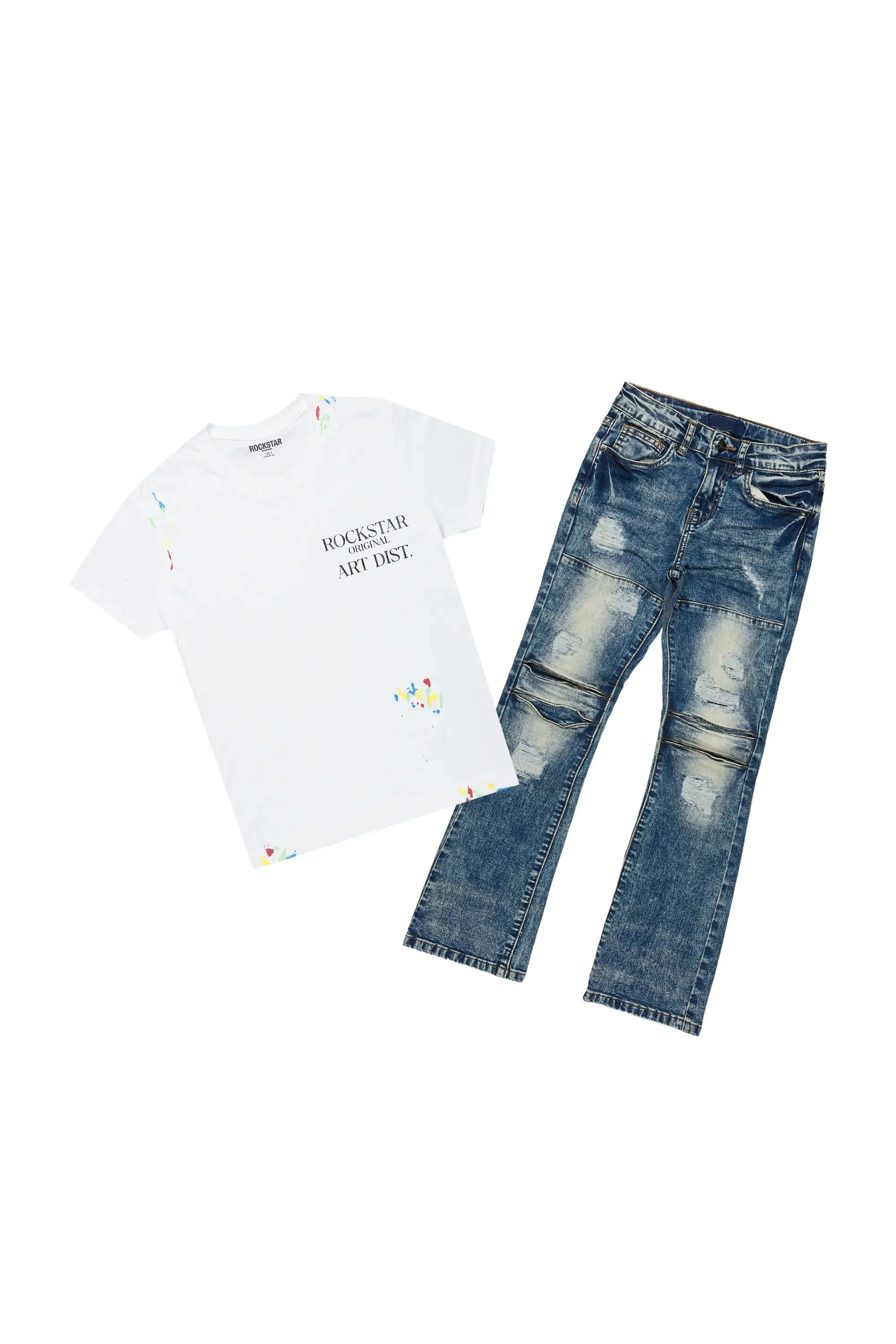 Boys Gemi White T-Shirt/Stacked Flare Jean Set