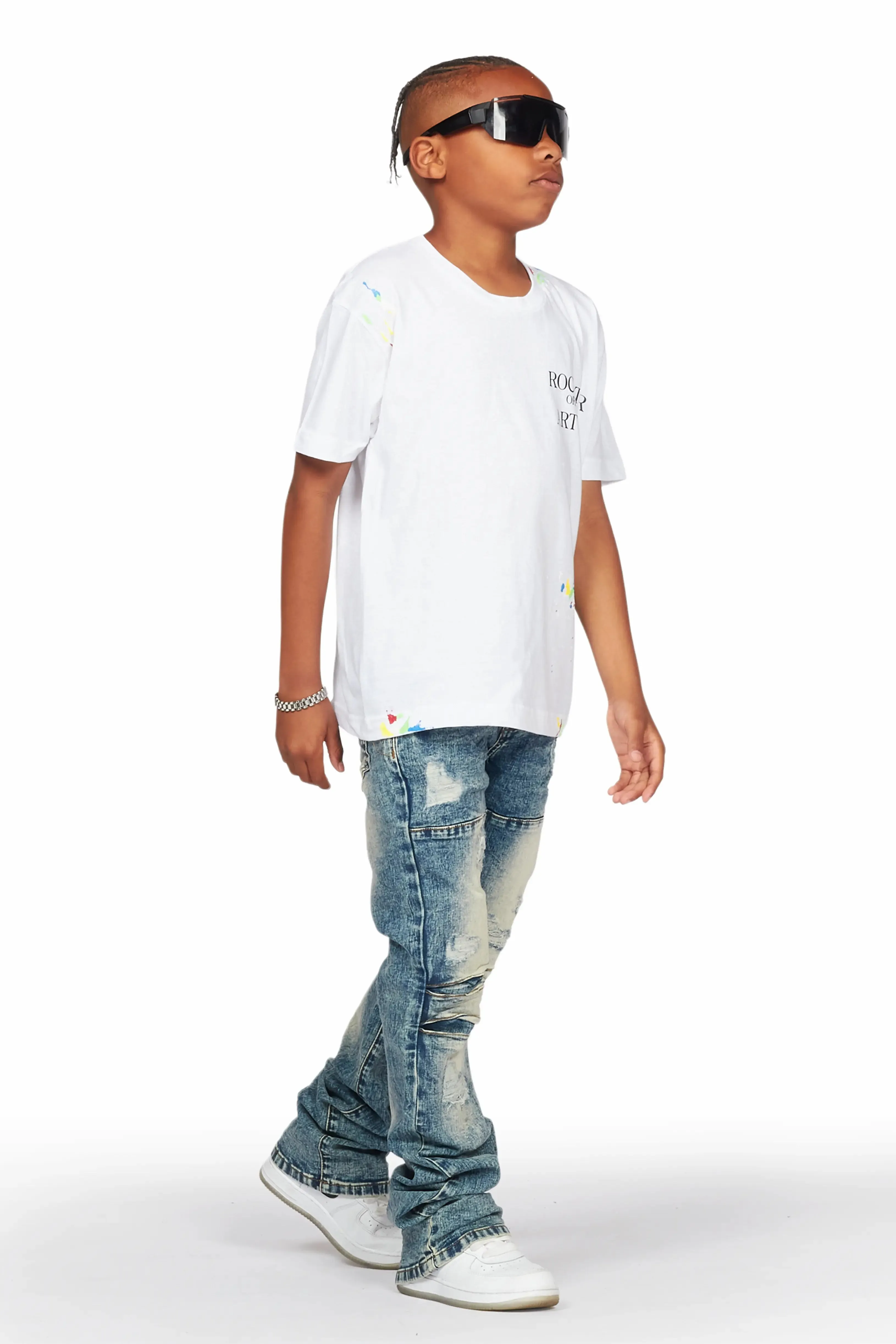 Boys Gemi White T-Shirt/Stacked Flare Jean Set