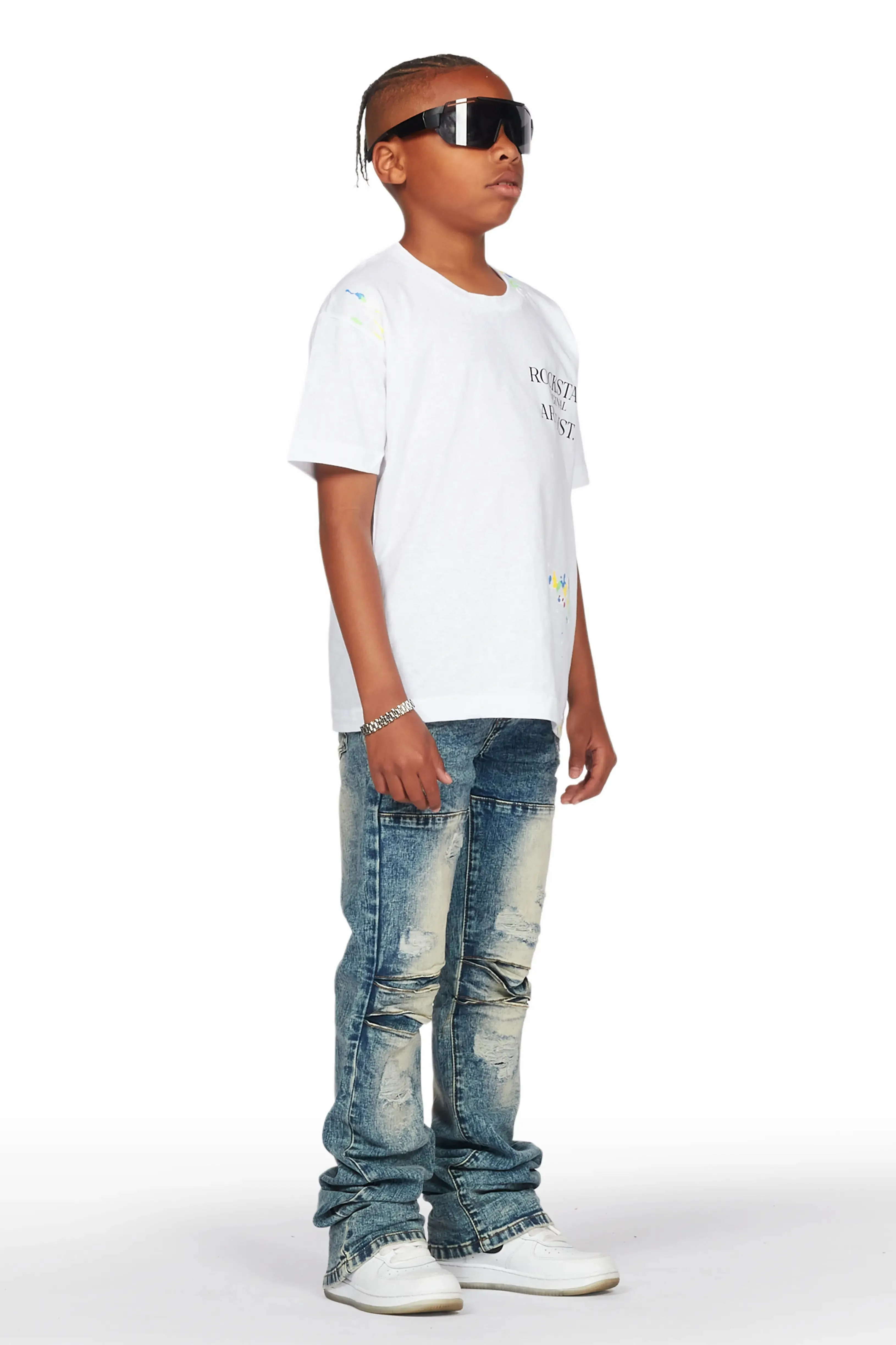 Boys Gemi White T-Shirt/Stacked Flare Jean Set