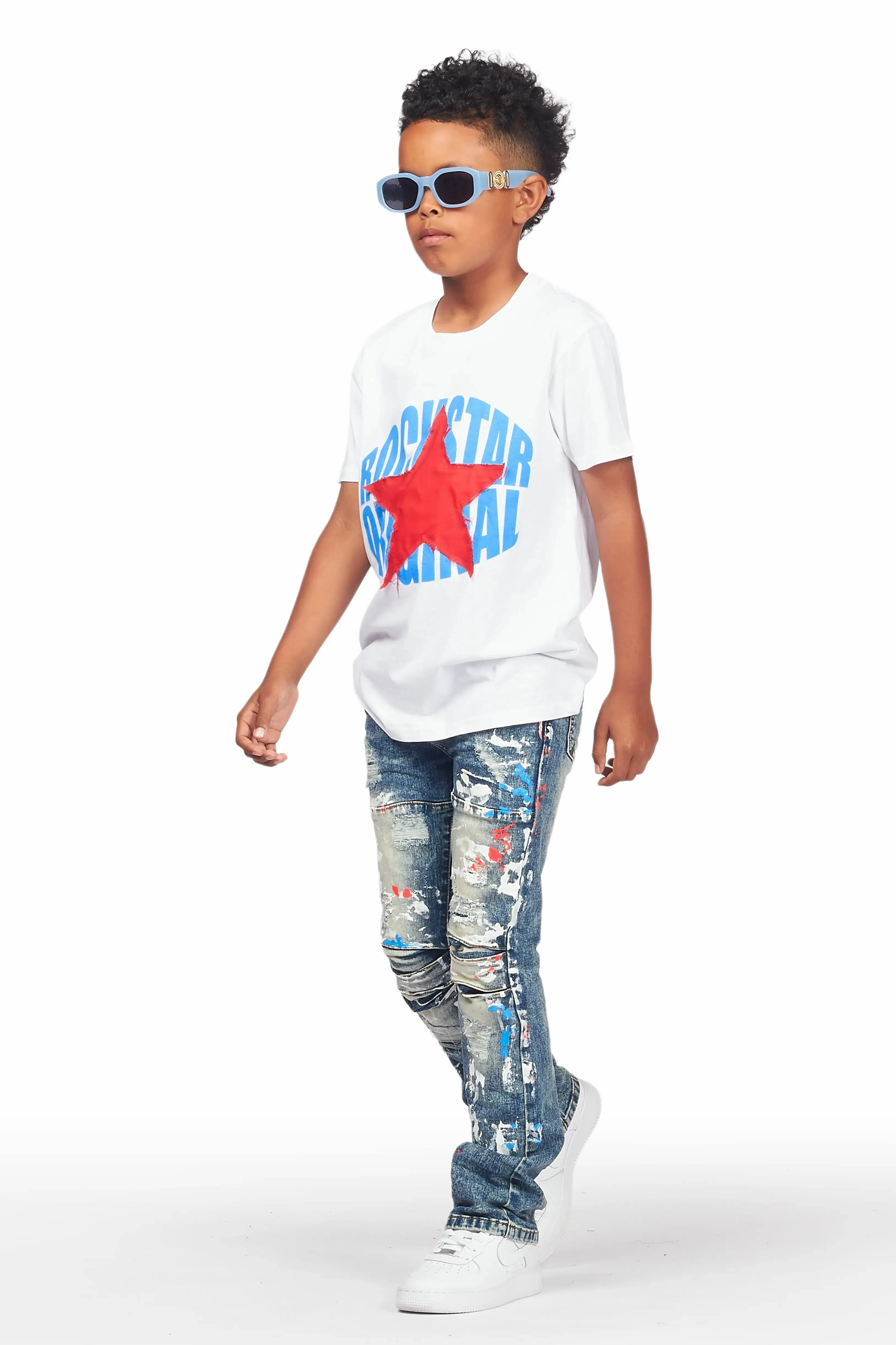 Boys Levin White T-Shirt/Stacked Flare Jean Set