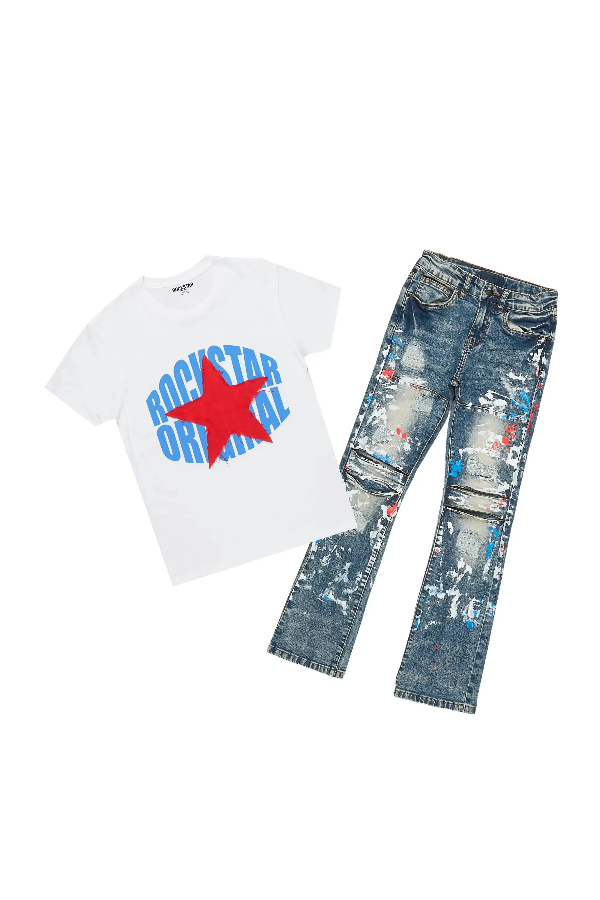 Boys Levin White T-Shirt/Stacked Flare Jean Set