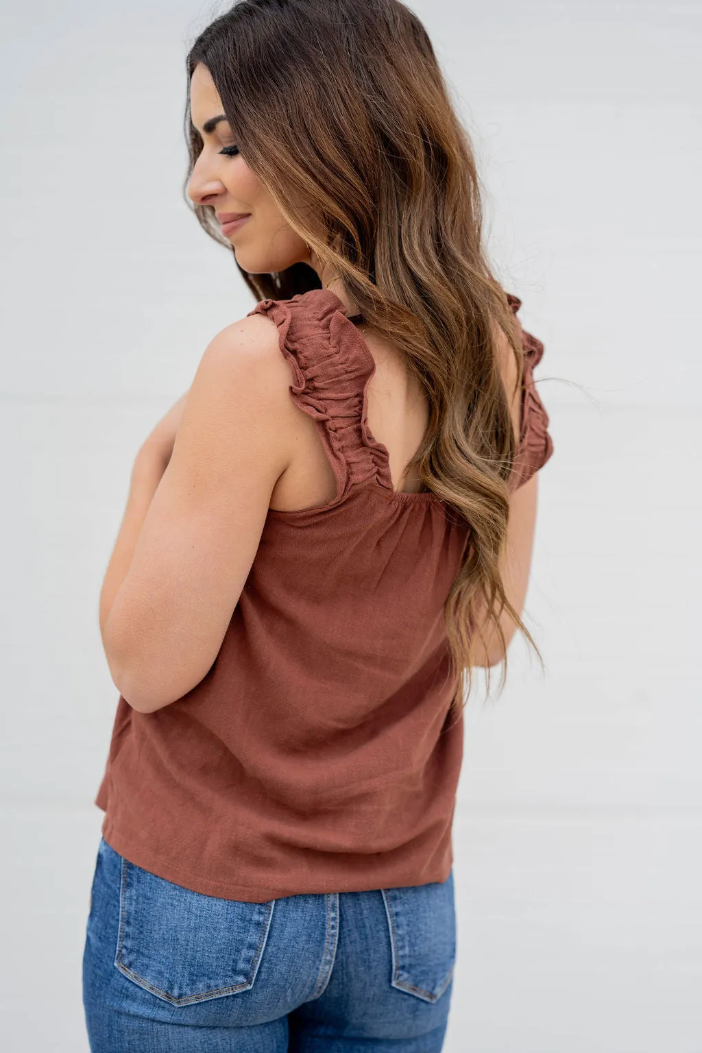 Button Accented Ruched Strap Tank