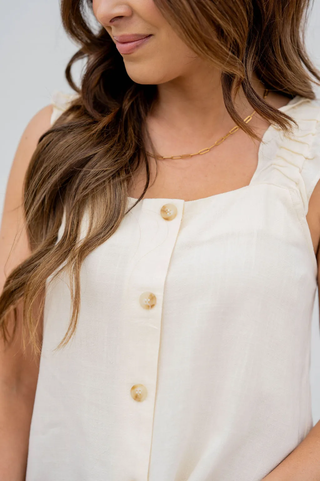 Button Accented Ruched Strap Tank