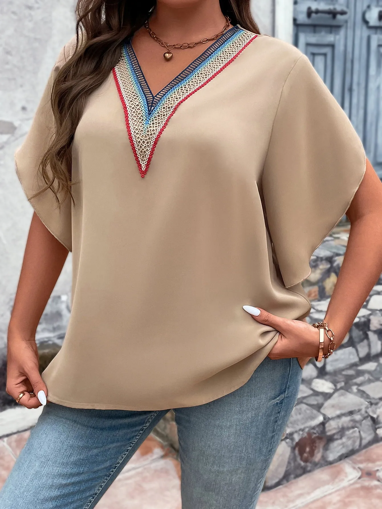 Classy Tan Flutter Sleeve Tunic Shirt ( 1X - 4X )