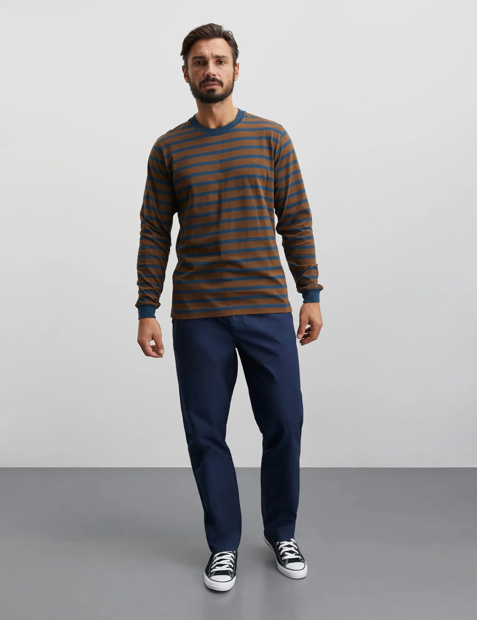 Cotton Jersey Stripe Frode Tee LS, Midnight Navy/Desert Palm