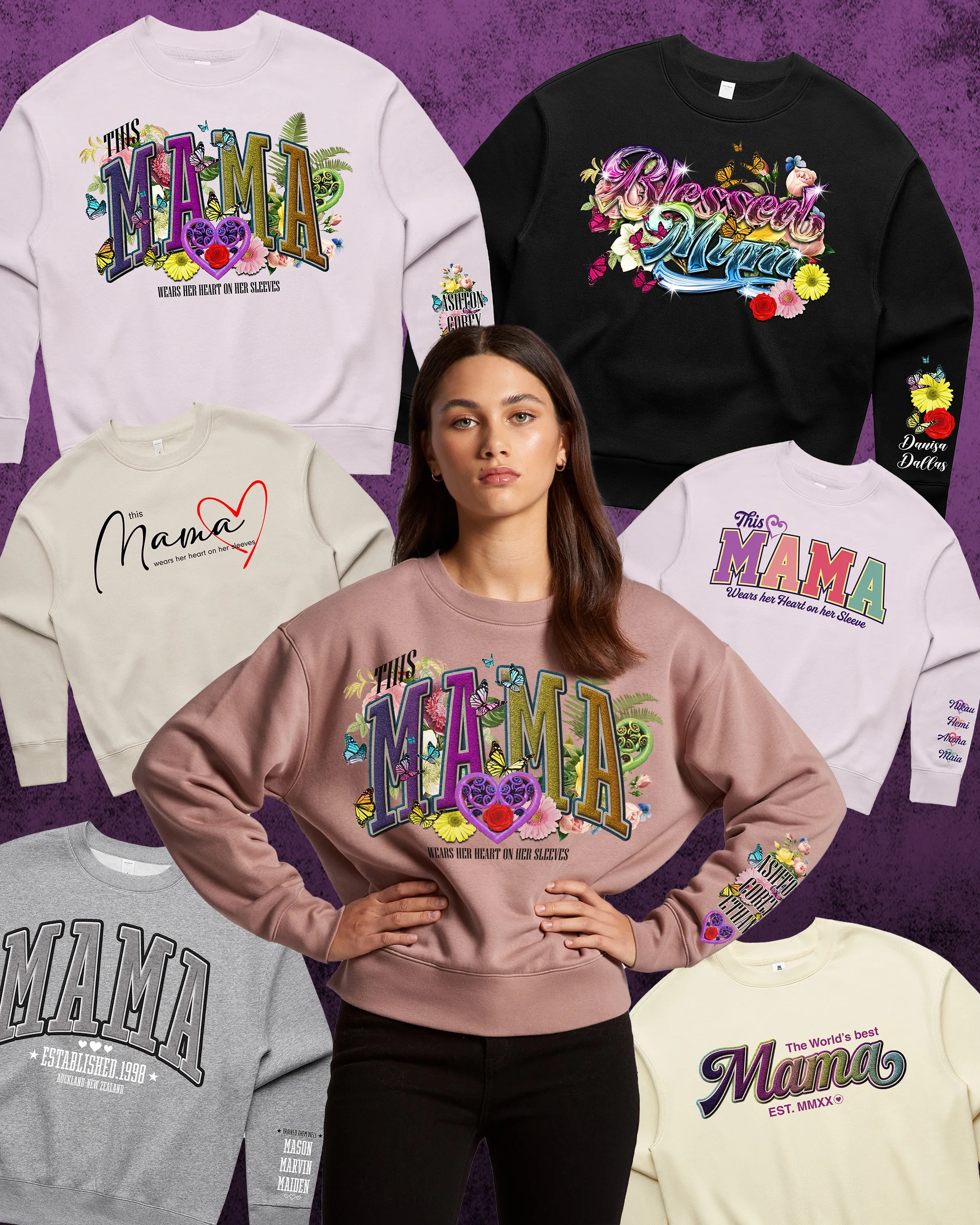 Custom Printed Sweatshirt for Mum - With Custom kids names on sleeve - 07_Mama Style