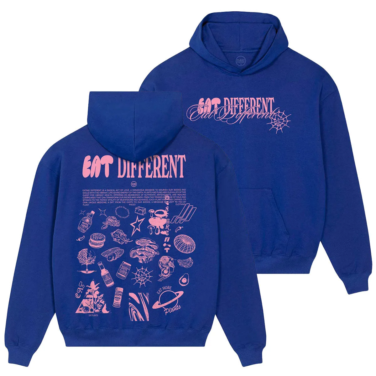 Eat Different Deluxe Organic Box Hoodie - Pink on Cobalt Blue