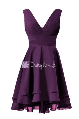 Eggplant Chiffon Party Dress Short V Neckline Bridesmaids Dress (CST2227)