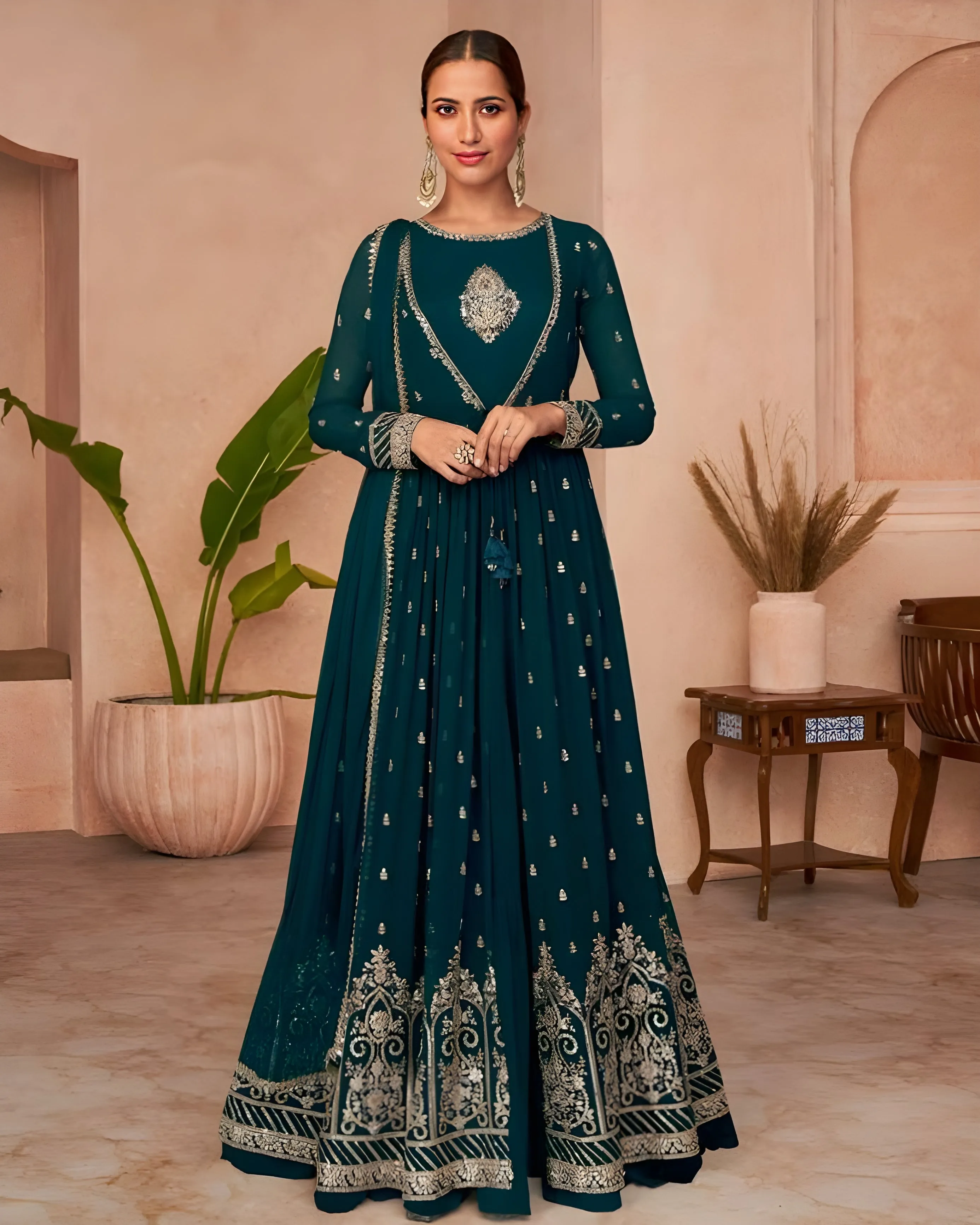 Embroidered Georgette Gown Dark Green