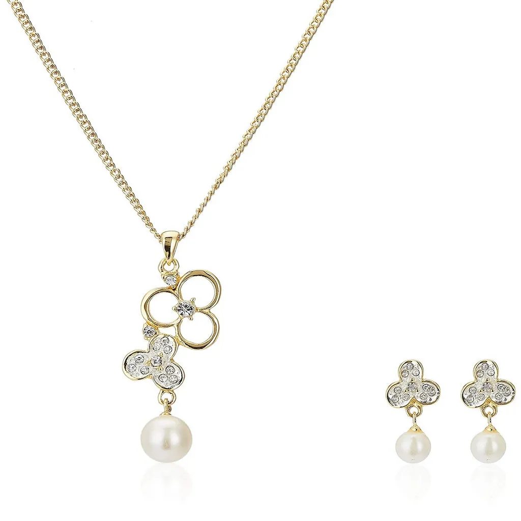 Estele 24 KT Gold Plated Pendant Set with Austrian Crystals and Pearl Drop for Women / Girls