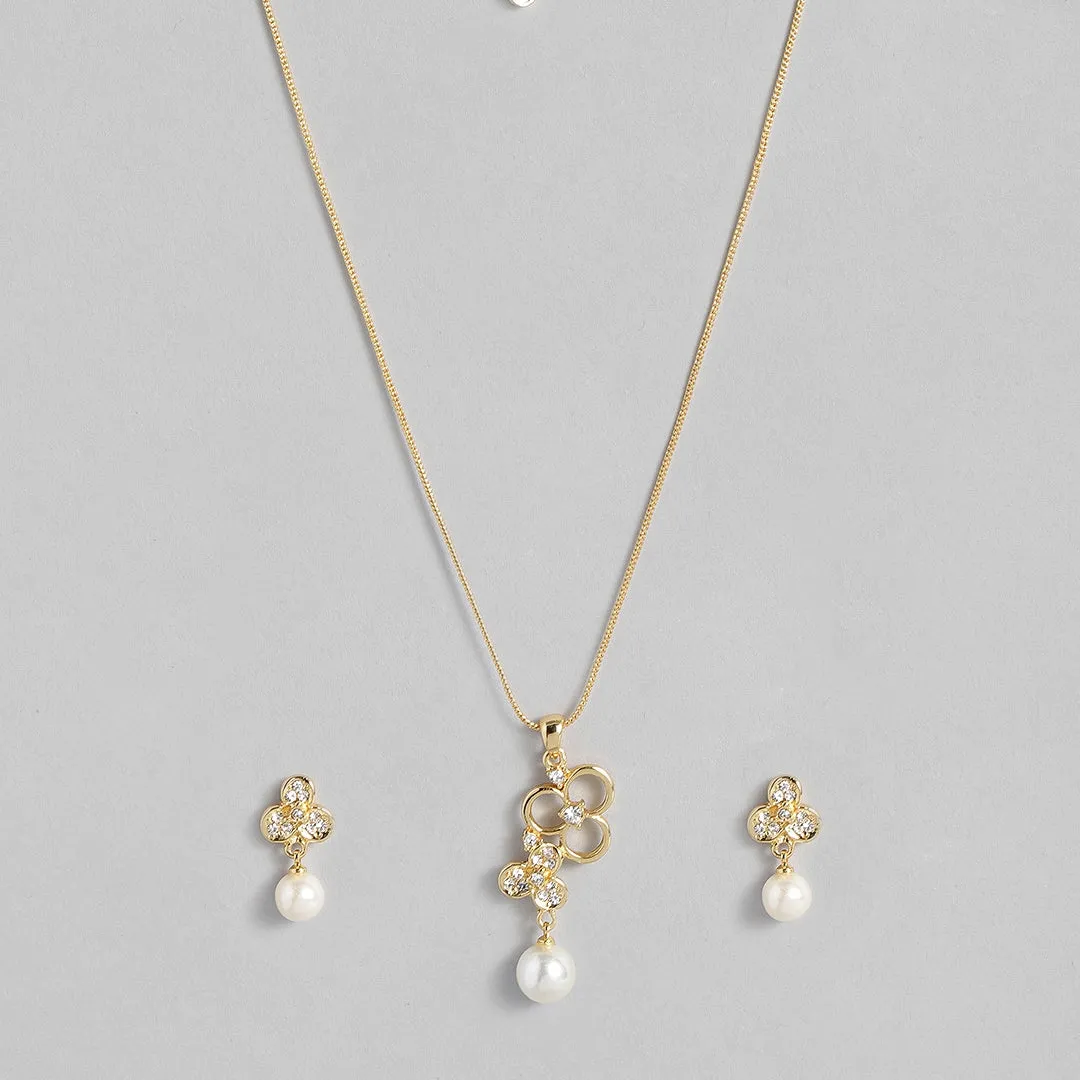 Estele 24 KT Gold Plated Pendant Set with Austrian Crystals and Pearl Drop for Women / Girls