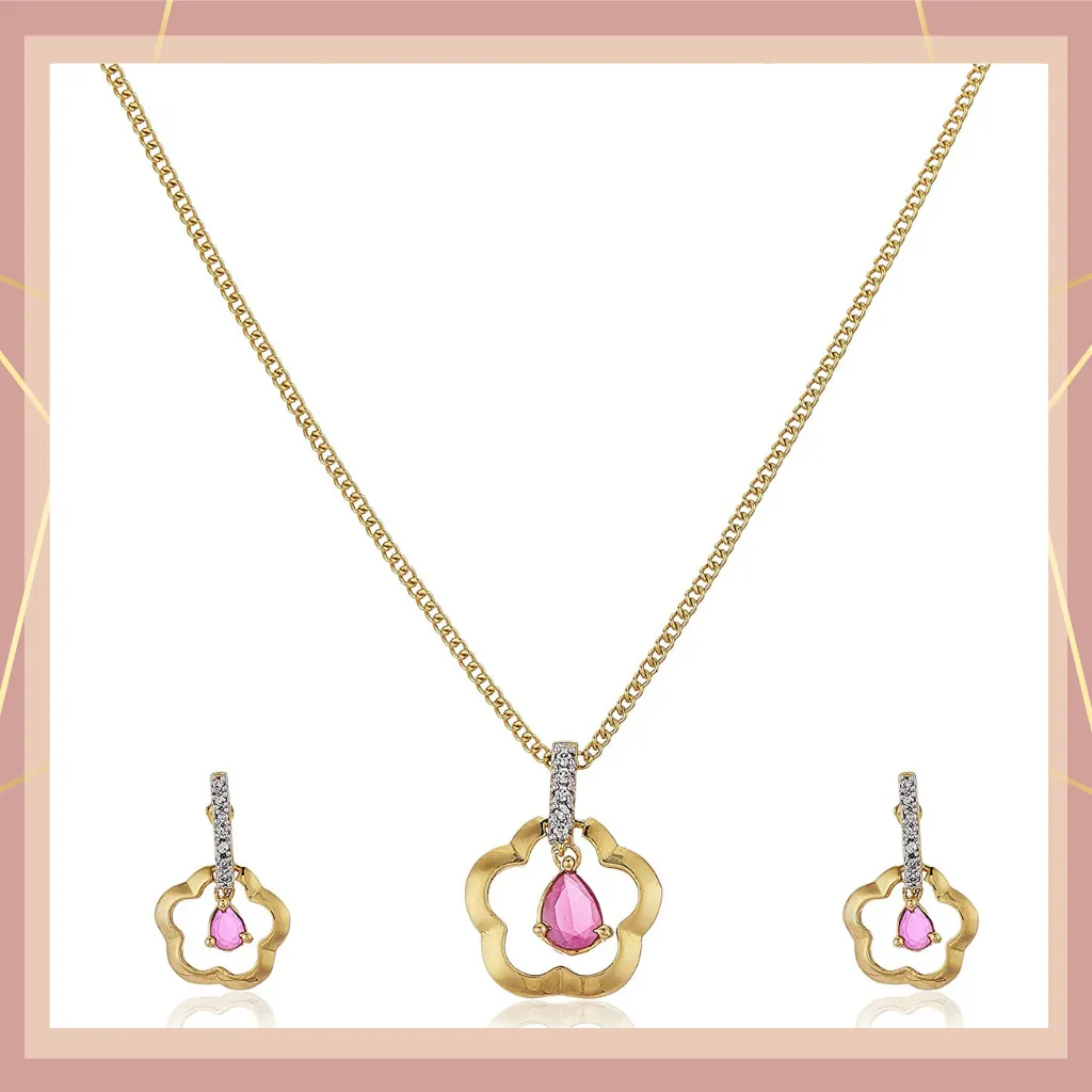 Estele Gold Plated CZ Ruby Flower Pendant Neckles Set for Women / Girls