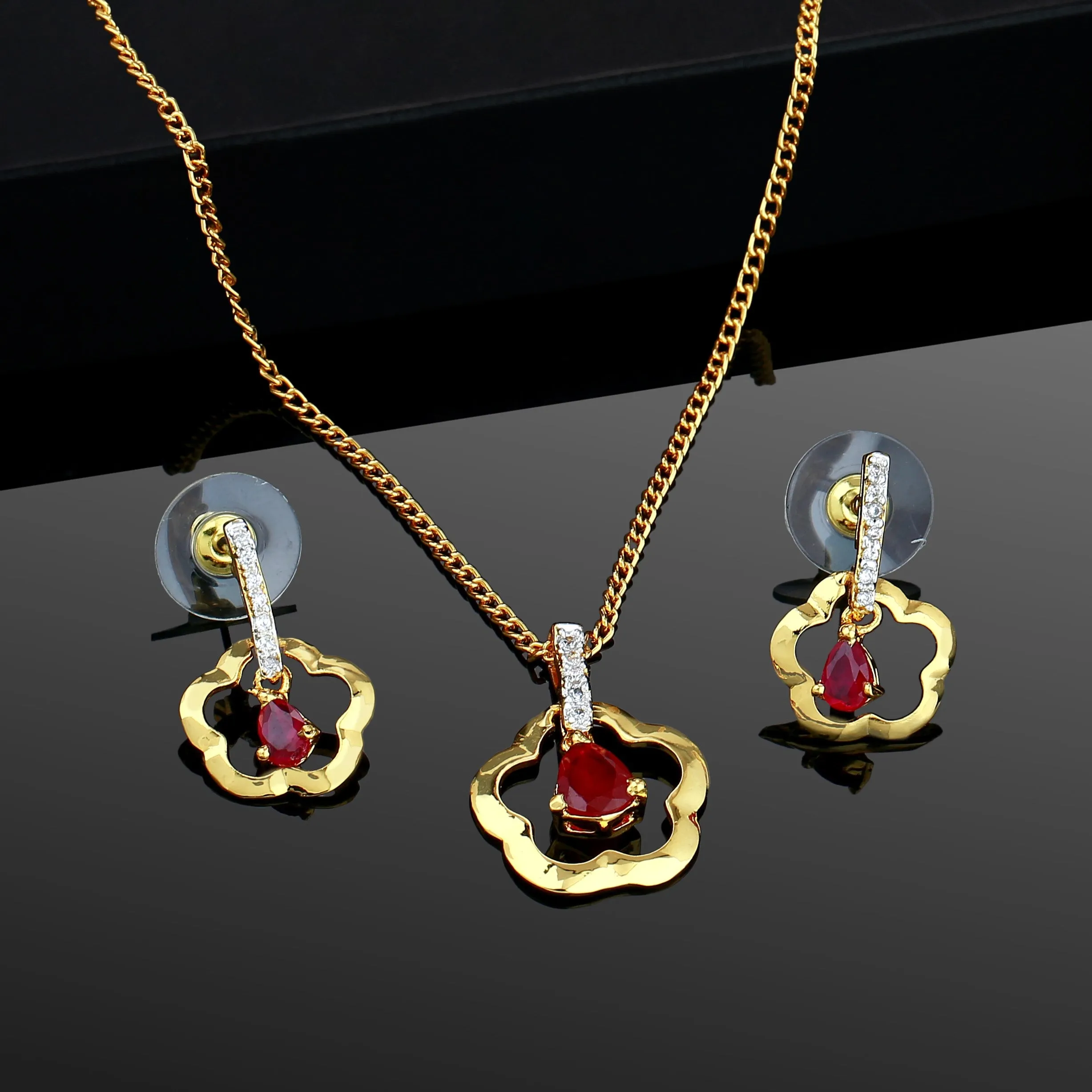 Estele Gold Plated CZ Ruby Flower Pendant Neckles Set for Women / Girls