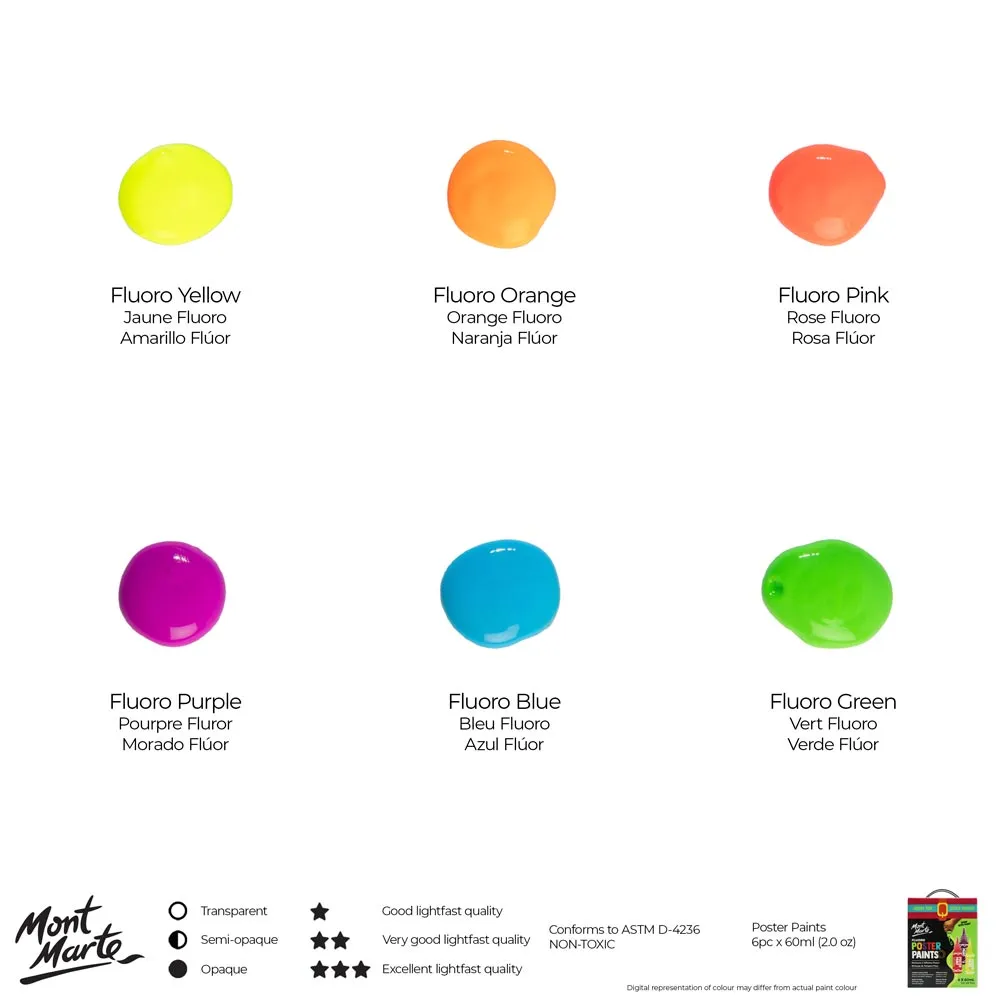 Fluoro Poster Paints 6pc x 60ml (2 US fl.oz)