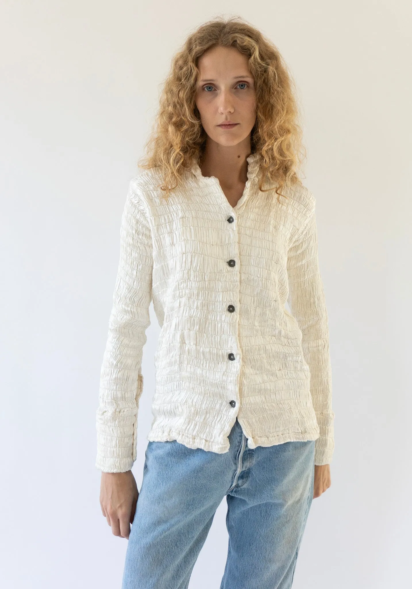 Gathered Silk Mashroo Button Shirt in White