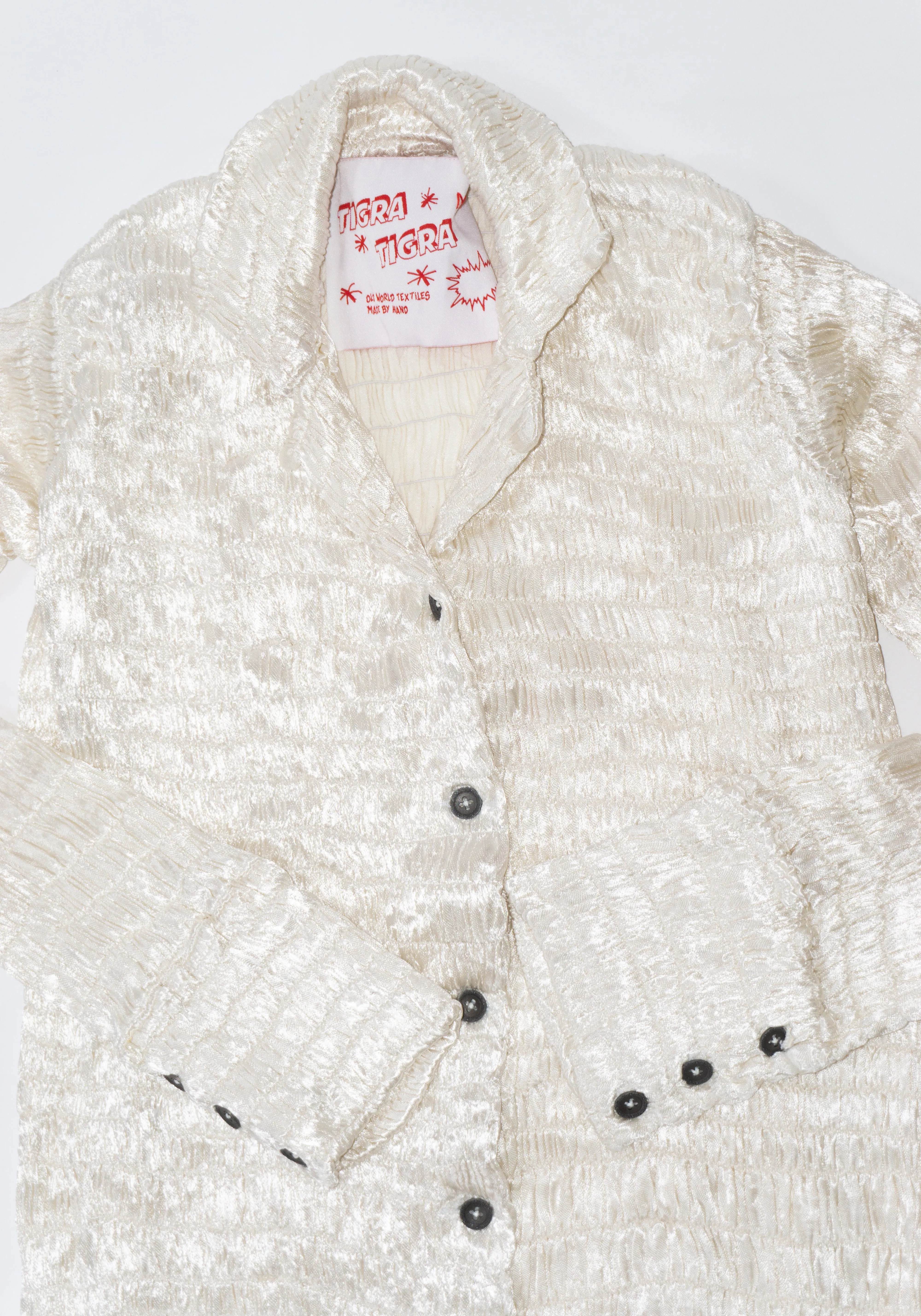 Gathered Silk Mashroo Button Shirt in White