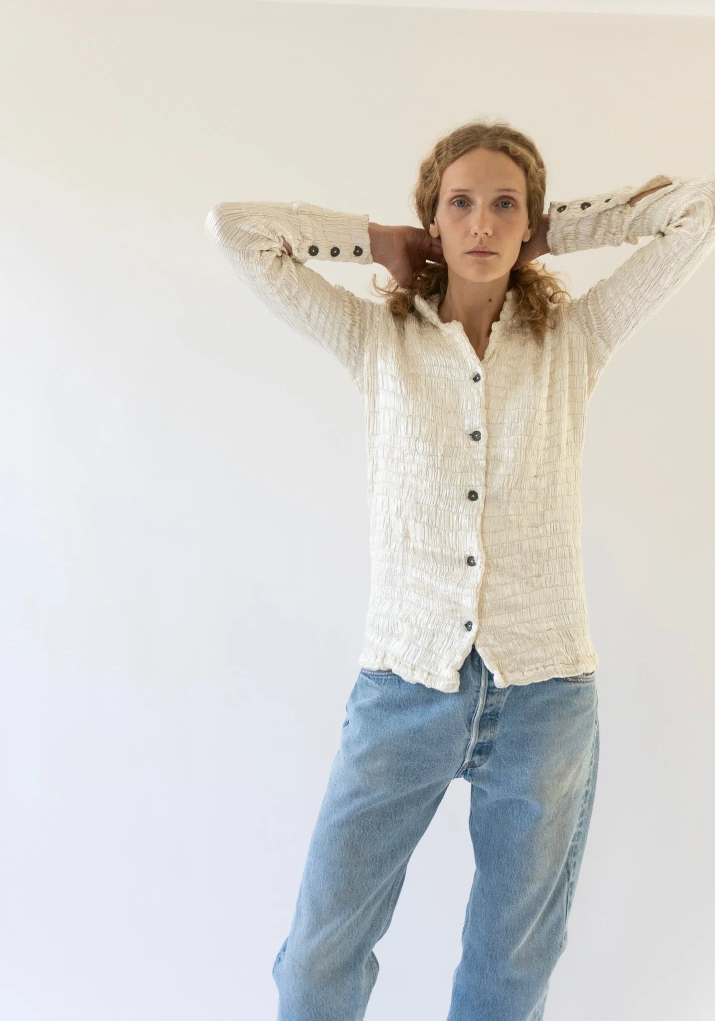 Gathered Silk Mashroo Button Shirt in White