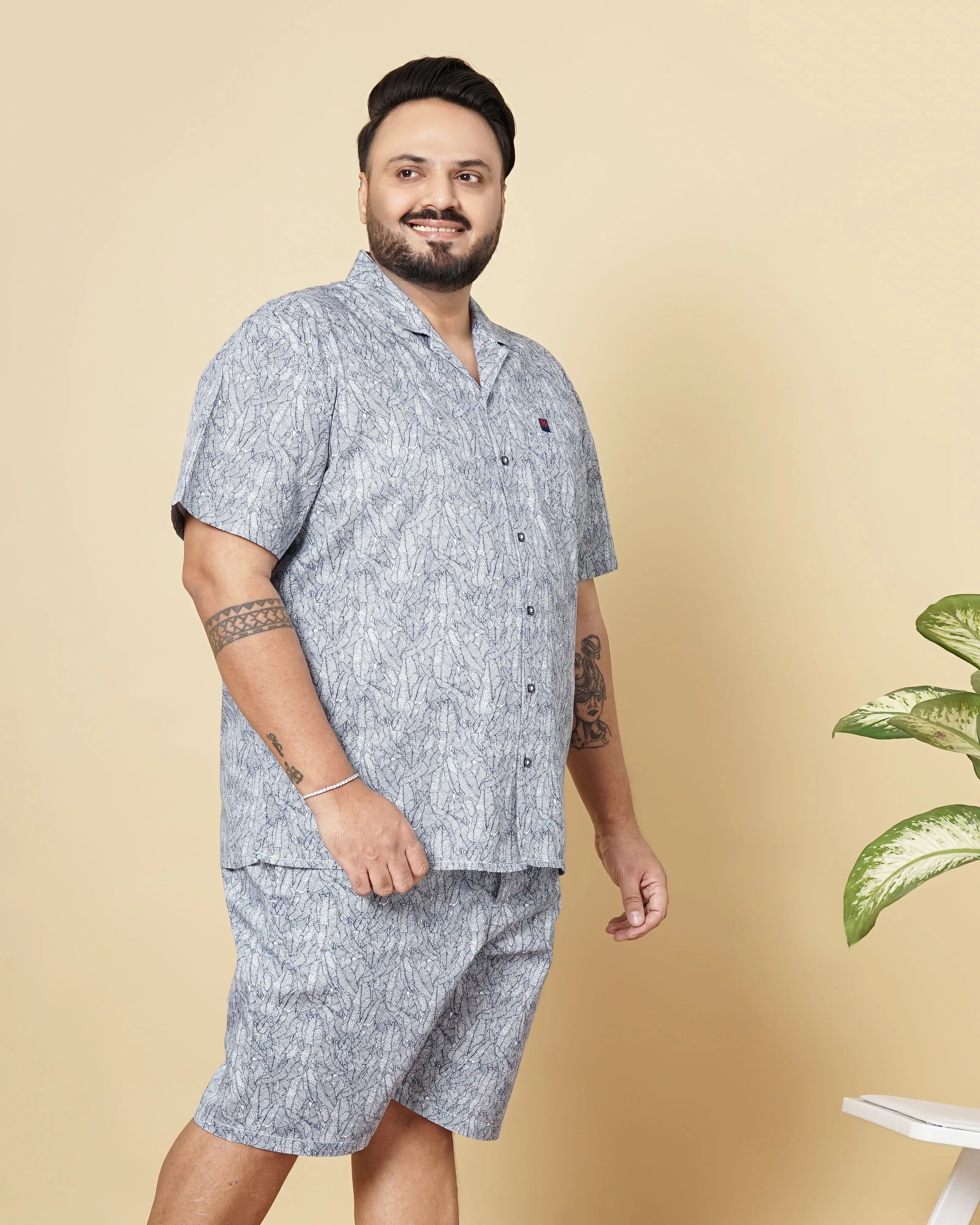 Hardsoda Men Navy Blue Plus Size Geometric Printed Lounge Set