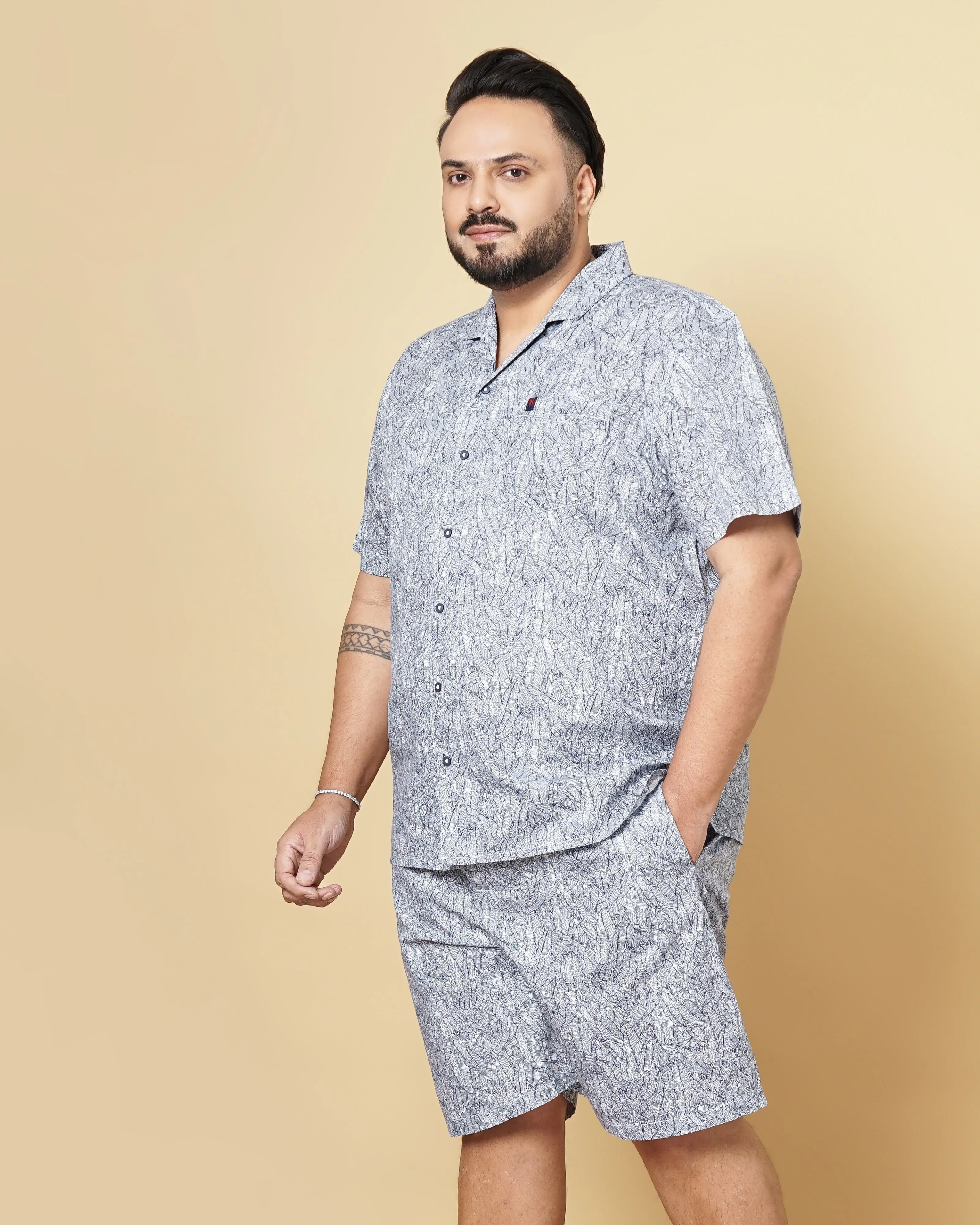 Hardsoda Men Navy Blue Plus Size Geometric Printed Lounge Set